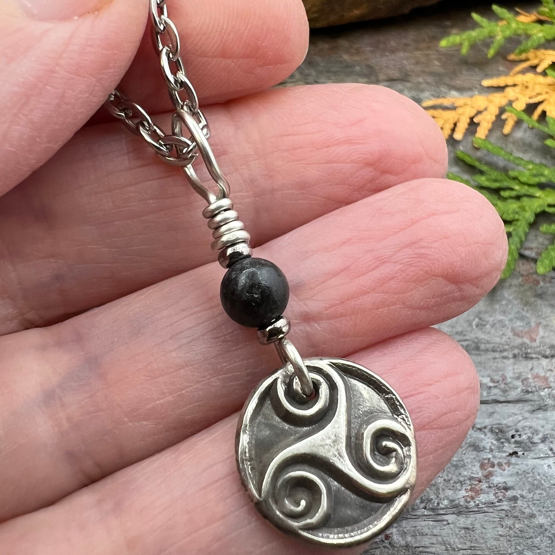 Triskele, Sterling Silver, Wax Seal Charm, Kilkenny Black Marble, Irish Celtic Jewelry, Pagan Art, Leather & Vegan Cords, Stainless Chains