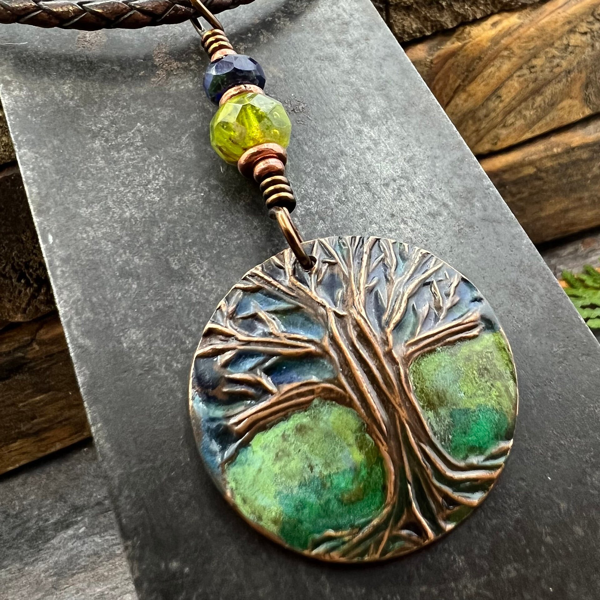 Tree of Life Pendant, Colorful Patina, Czech Glass Bead, Hand Carved, Irish Celtic Spirals, Celtic Witch Goddess, Ancient Earthy Jewelry