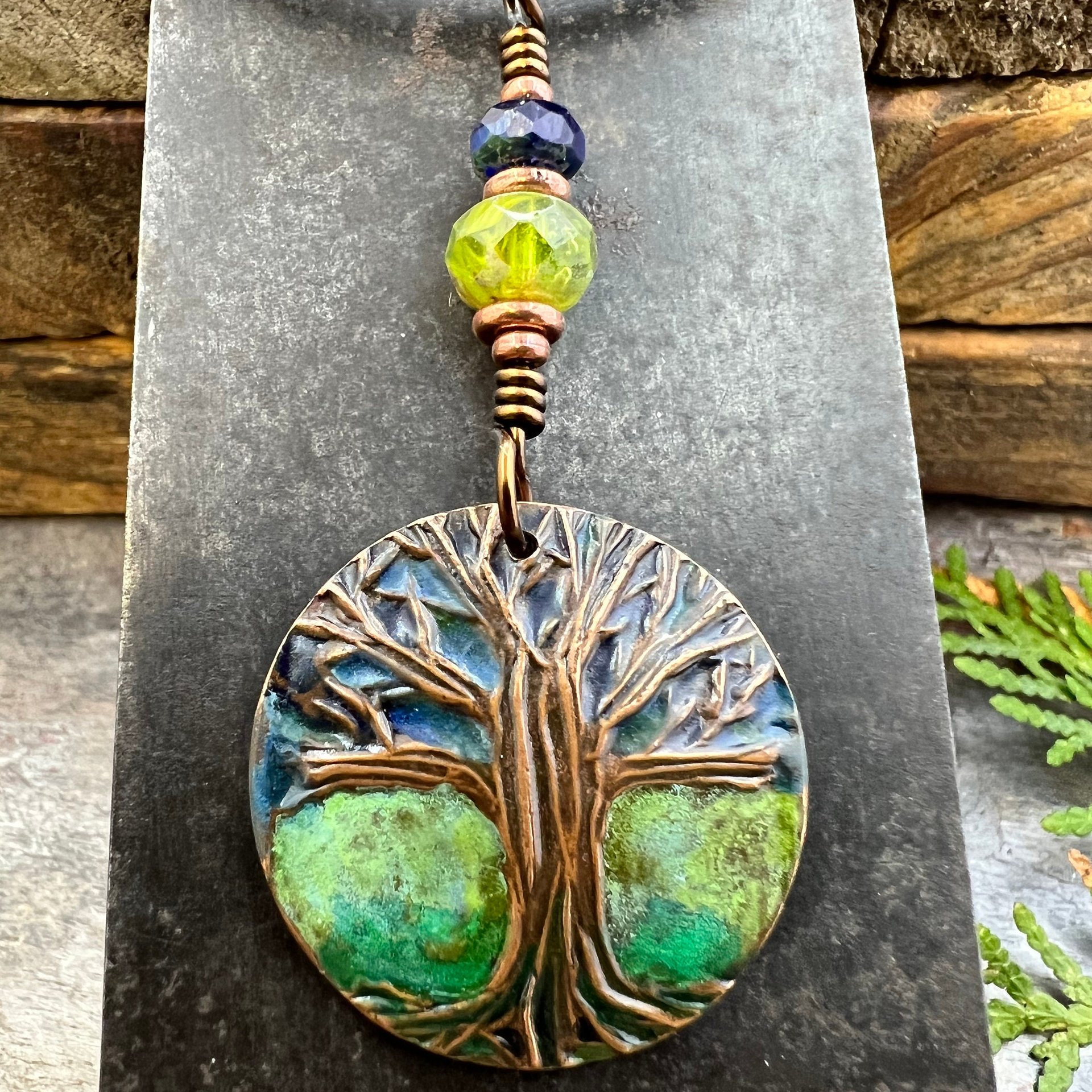 Tree of Life Pendant, Colorful Patina, Czech Glass Bead, Hand Carved, Irish Celtic Spirals, Celtic Witch Goddess, Ancient Earthy Jewelry