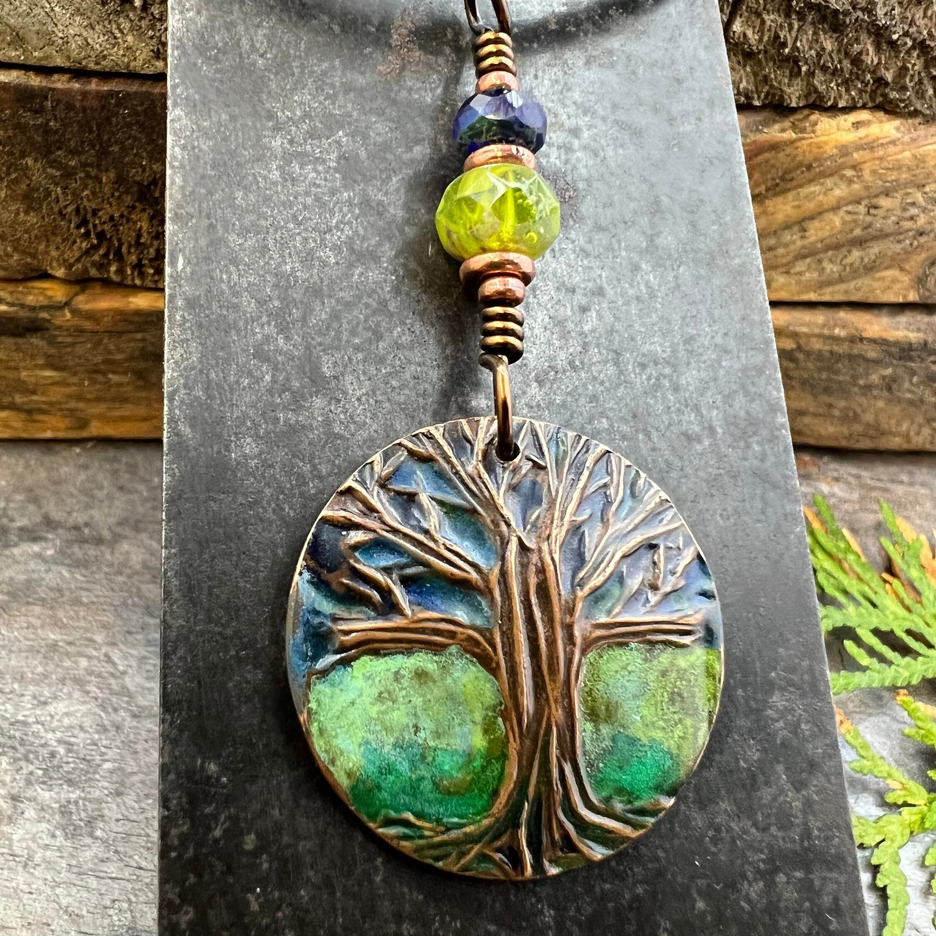 Tree of Life Pendant, Colorful Patina, Czech Glass Bead, Hand Carved, Irish Celtic Spirals, Celtic Witch Goddess, Ancient Earthy Jewelry