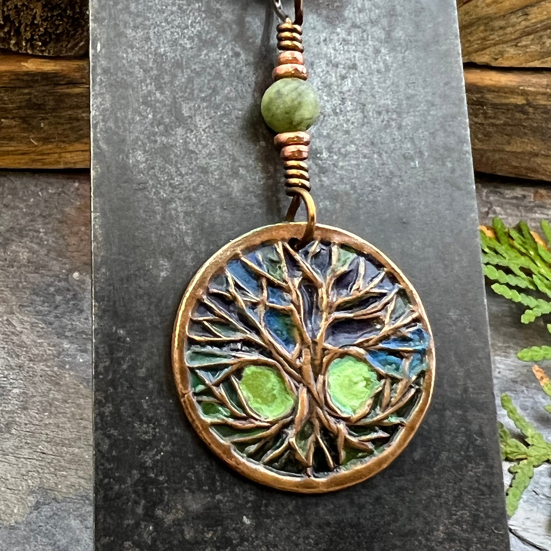 Celtic Tree of Life, Copper Pendant, Colorful Patina, Connemara Marble, Irish Celtic Spirals, Celtic Witch Goddess, Boho, Earthy Art Jewelry