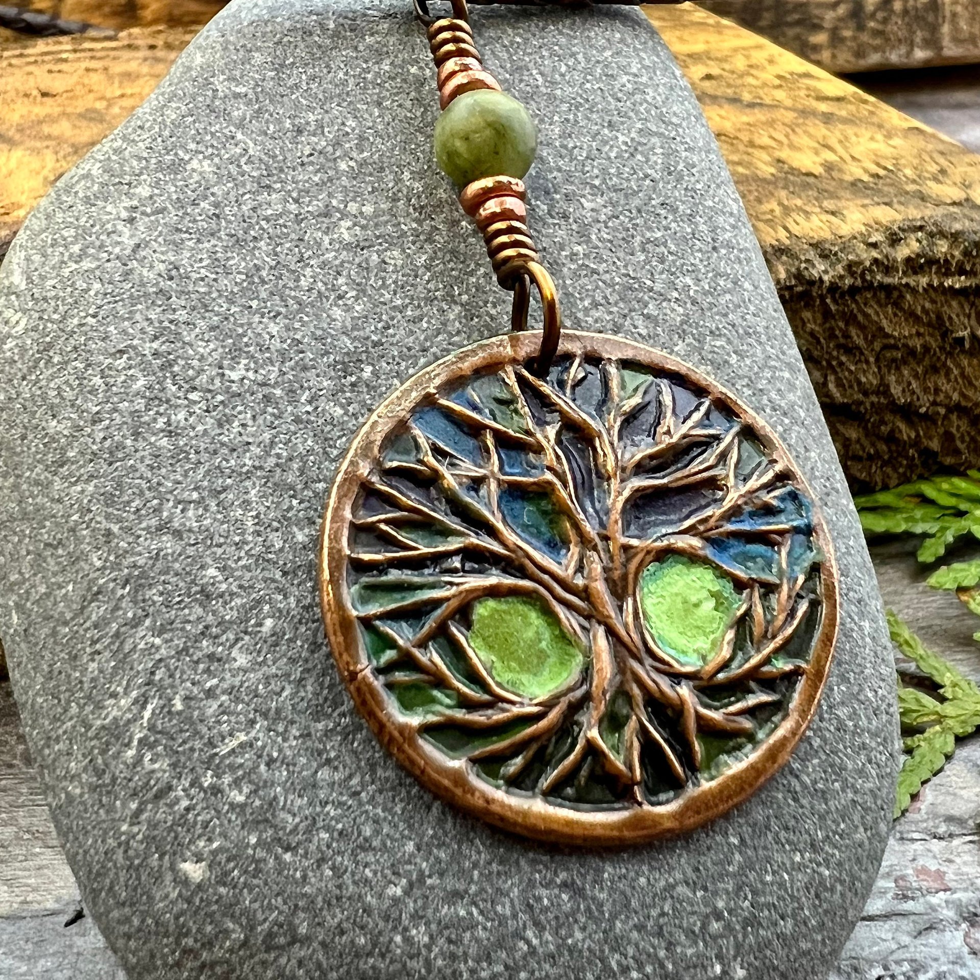 Celtic Tree of Life, Copper Pendant, Colorful Patina, Connemara Marble, Irish Celtic Spirals, Celtic Witch Goddess, Boho, Earthy Art Jewelry