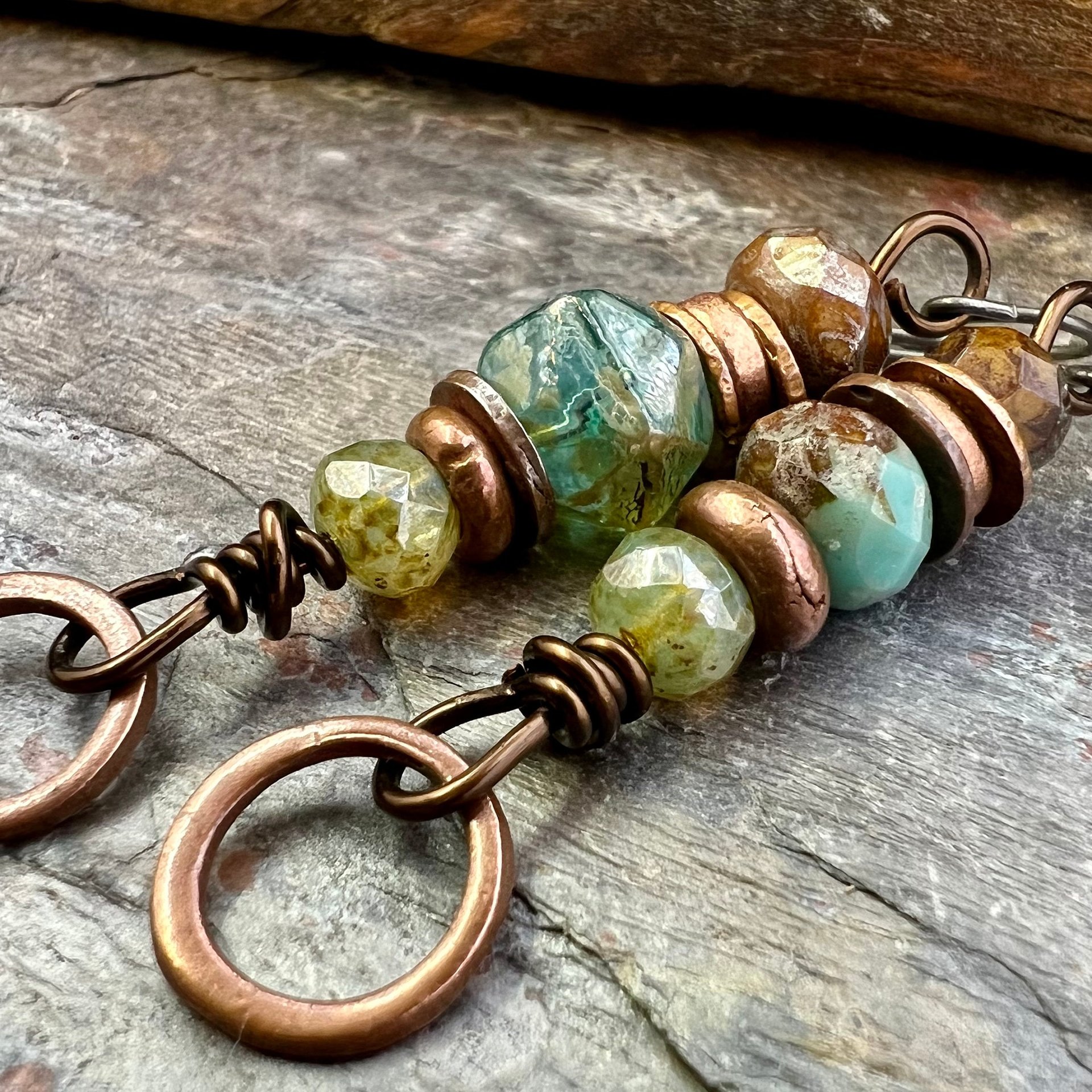 Stacked Cairn Earrings, Copper Hoops, Czech Glass Beads, Hypoallergenic Ear Wires, Earthy Primitive, Arty Mismatched Earrings, Copper & Aqua