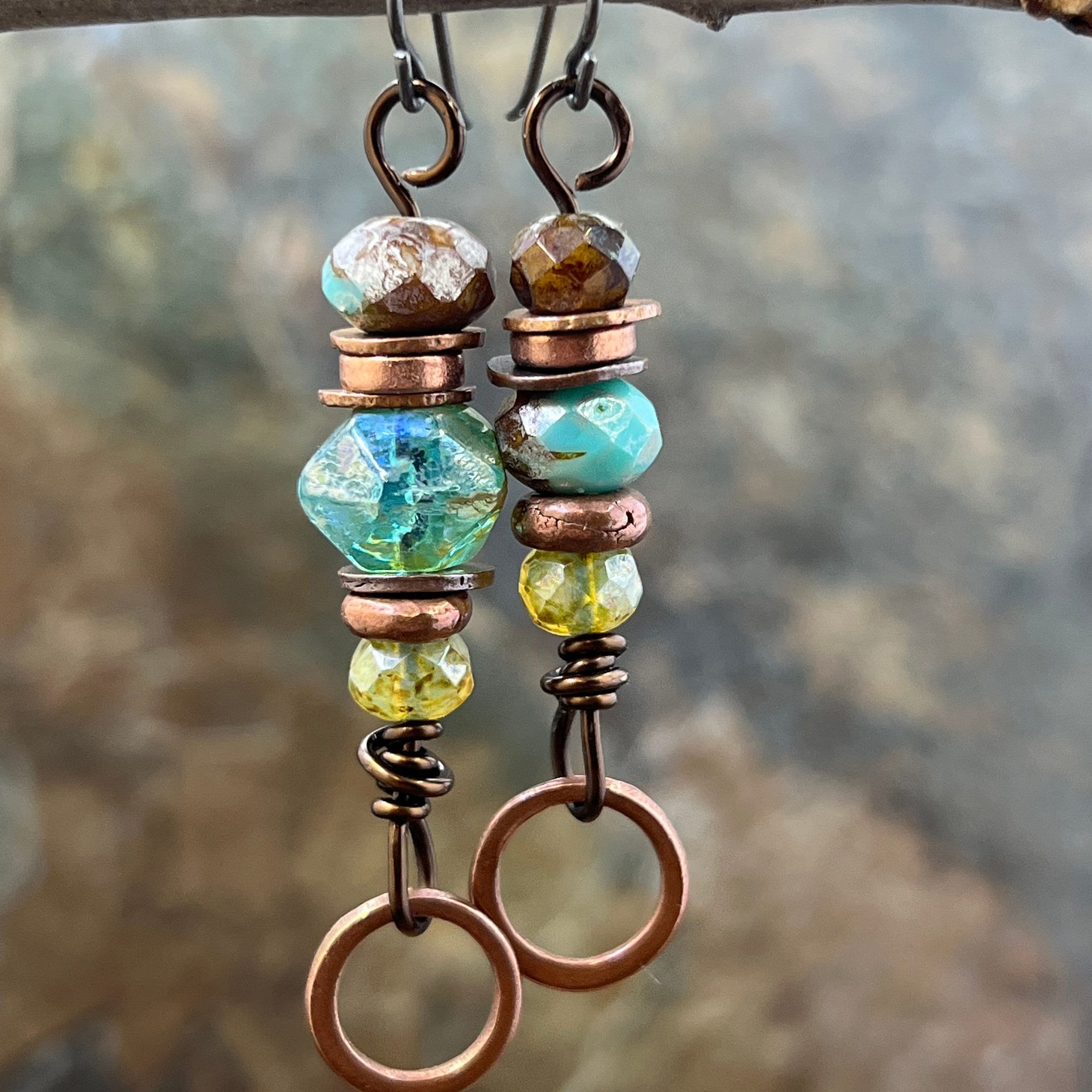 Stacked Cairn Earrings, Copper Hoops, Czech Glass Beads, Hypoallergenic Ear Wires, Earthy Primitive, Arty Mismatched Earrings, Copper & Aqua