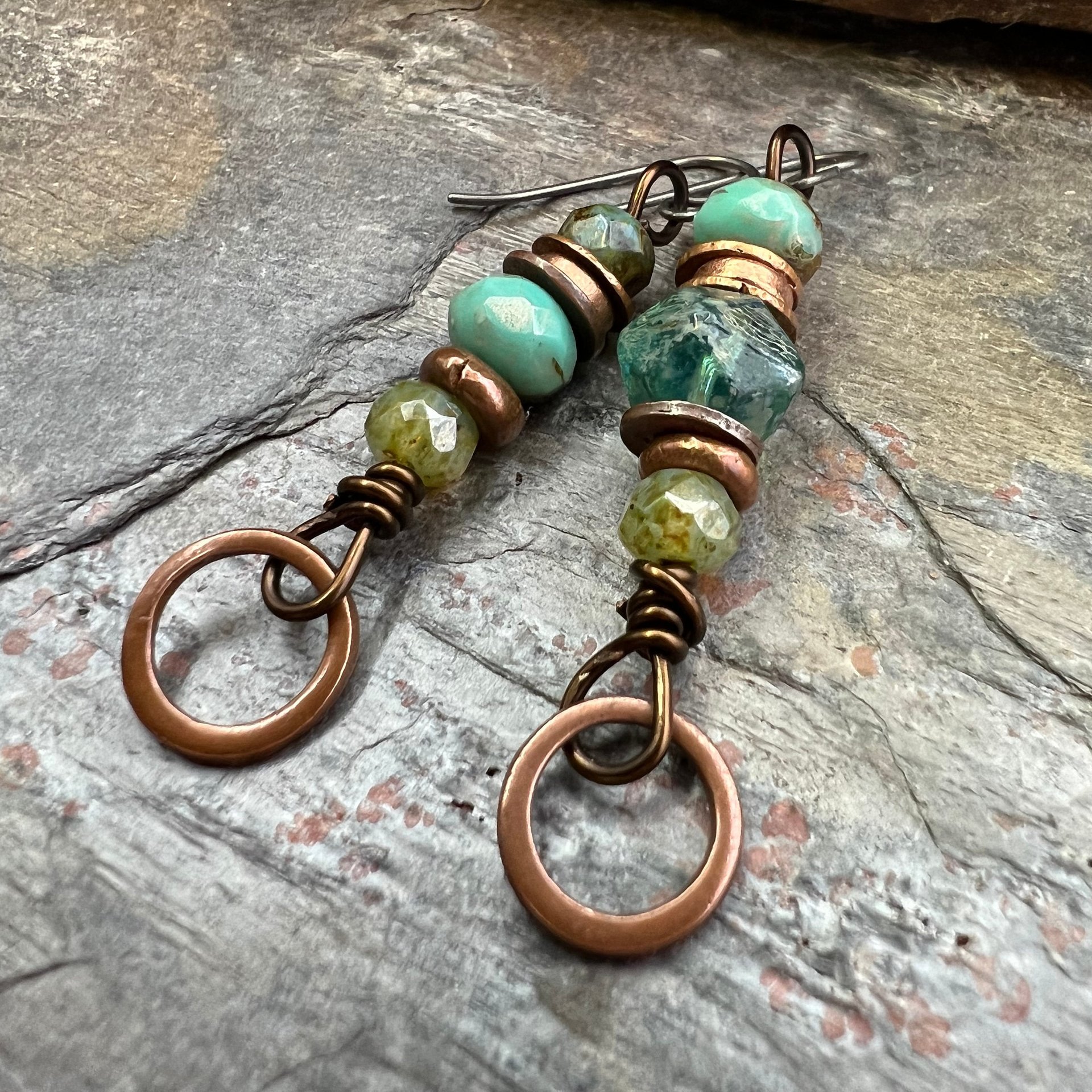 Stacked Cairn Earrings, Copper Hoops, Czech Glass Beads, Hypoallergenic Ear Wires, Earthy Primitive, Arty Mismatched Earrings, Copper & Aqua