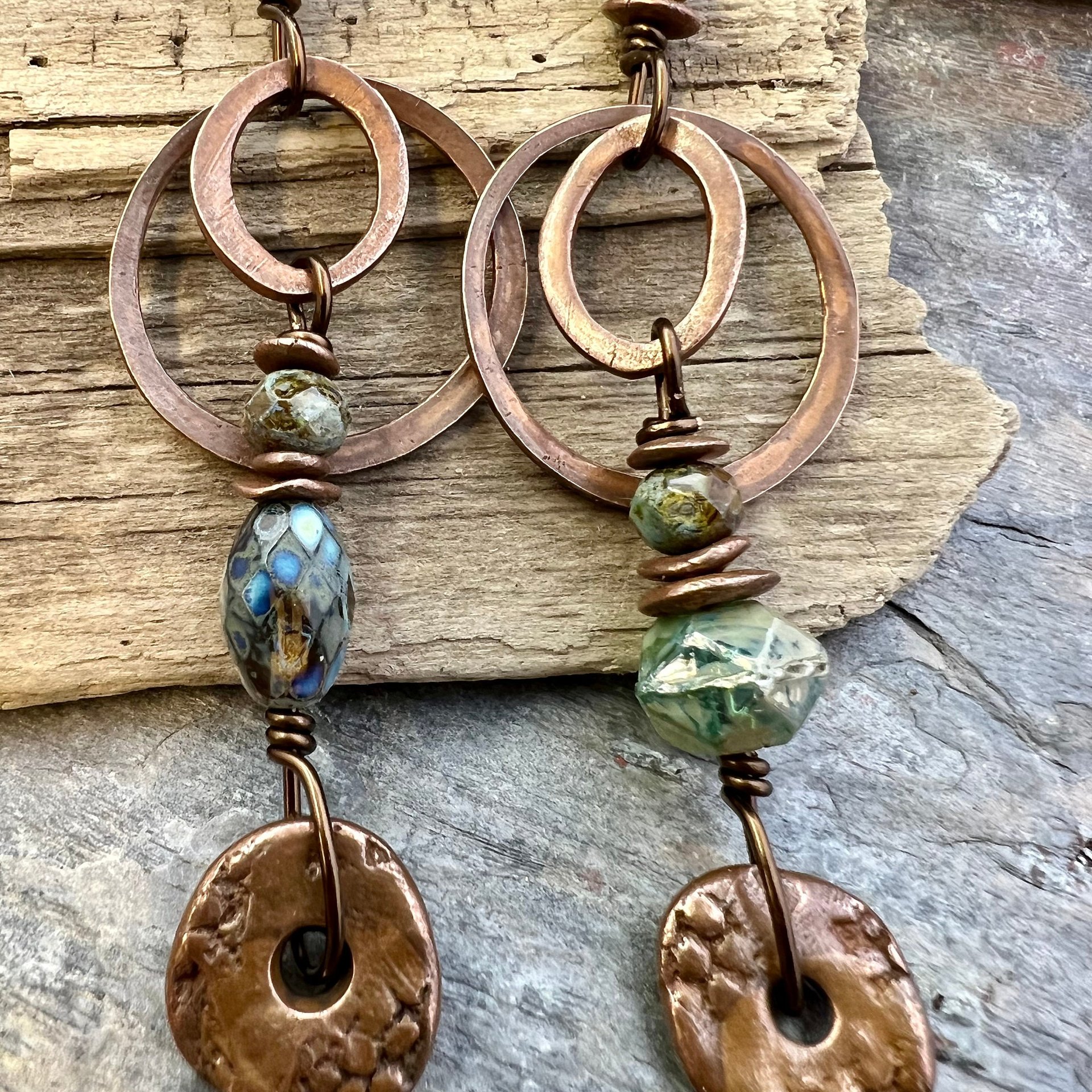 Copper Hoop & Donut Earrings, Stacked Cairns, Fossil Texture, Czech Glass Beads, Hypoallergenic Ear Wires, Earthy, Arty Mismatched Earrings