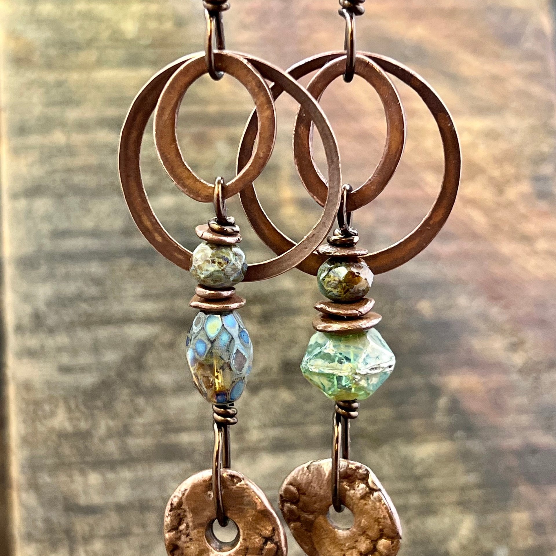 Copper Hoop & Donut Earrings, Stacked Cairns, Fossil Texture, Czech Glass Beads, Hypoallergenic Ear Wires, Earthy, Arty Mismatched Earrings