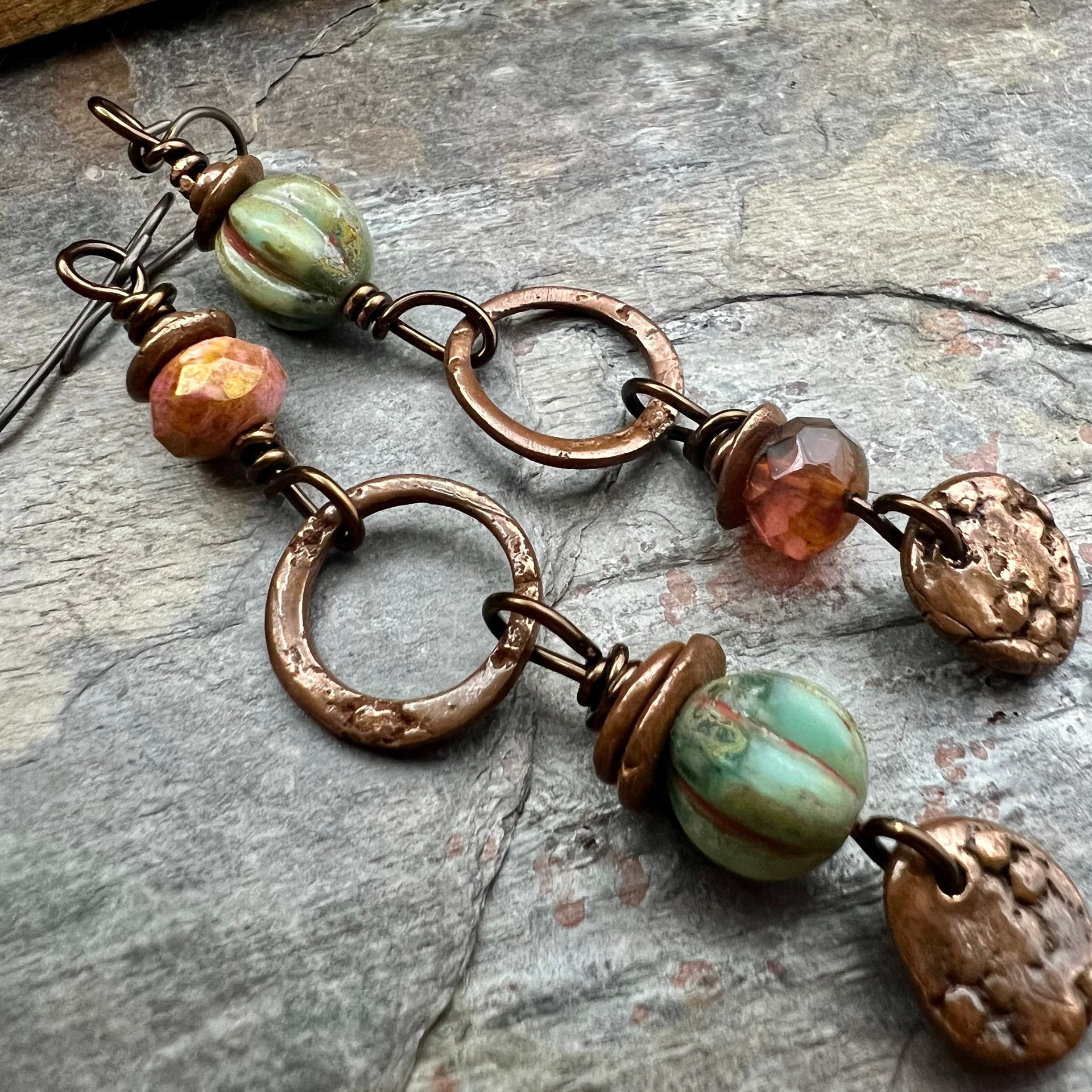 Long Copper Hoop Earrings, Stacked Cairns, Czech Glass Beads, Hypoallergenic Ear Wires, Earthy Rustic Primitive, Arty Mismatched Earrings