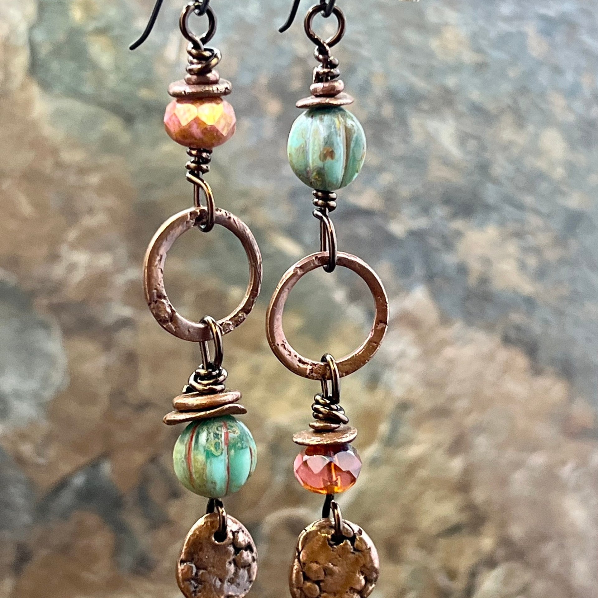 Long Copper Hoop Earrings, Stacked Cairns, Czech Glass Beads, Hypoallergenic Ear Wires, Earthy Rustic Primitive, Arty Mismatched Earrings