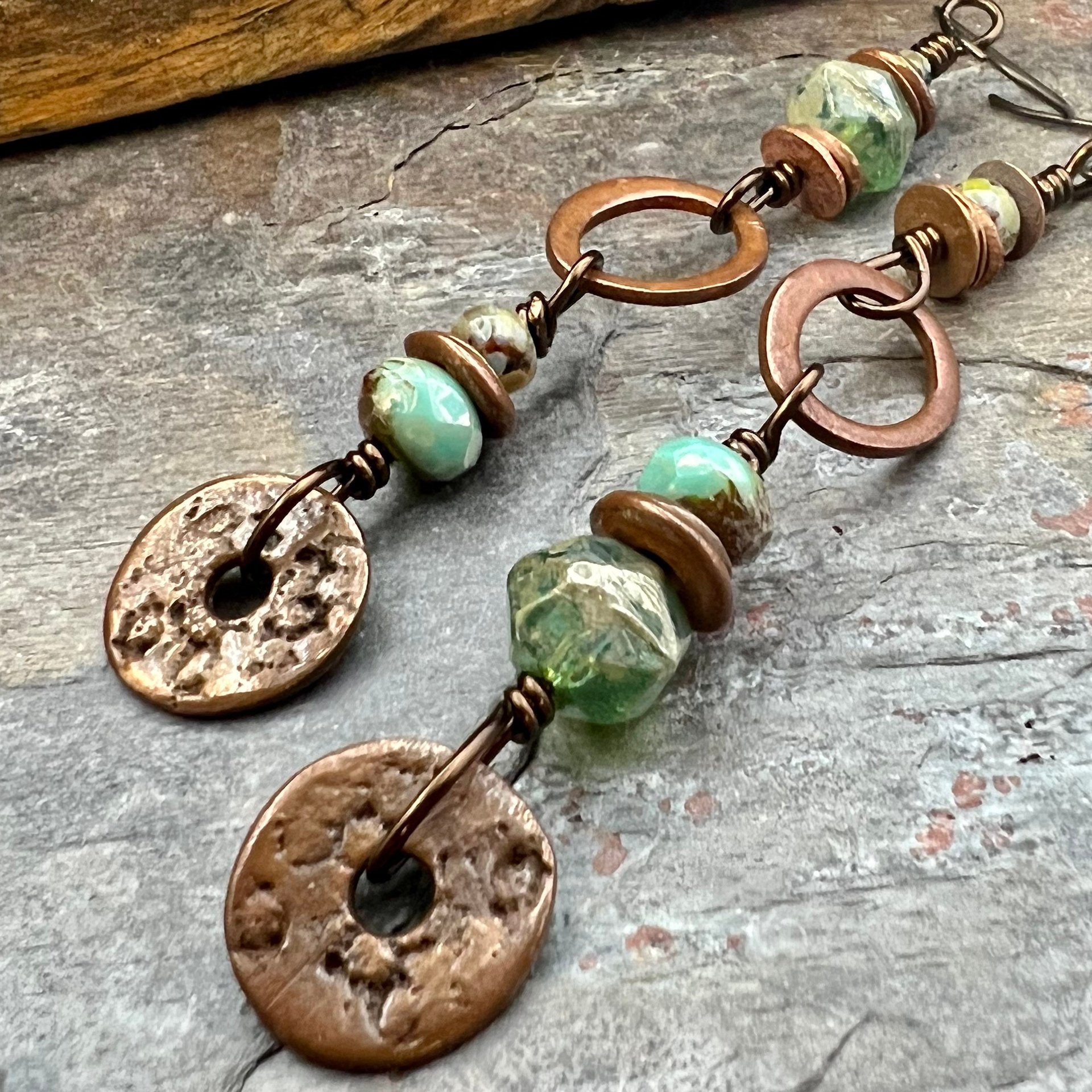 Stacked Cairn Earrings, Copper Hoops, Czech Glass Beads, Hypoallergenic Ear Wires, Earthy Primitive, Arty Mismatched Earrings, Copper & Aqua