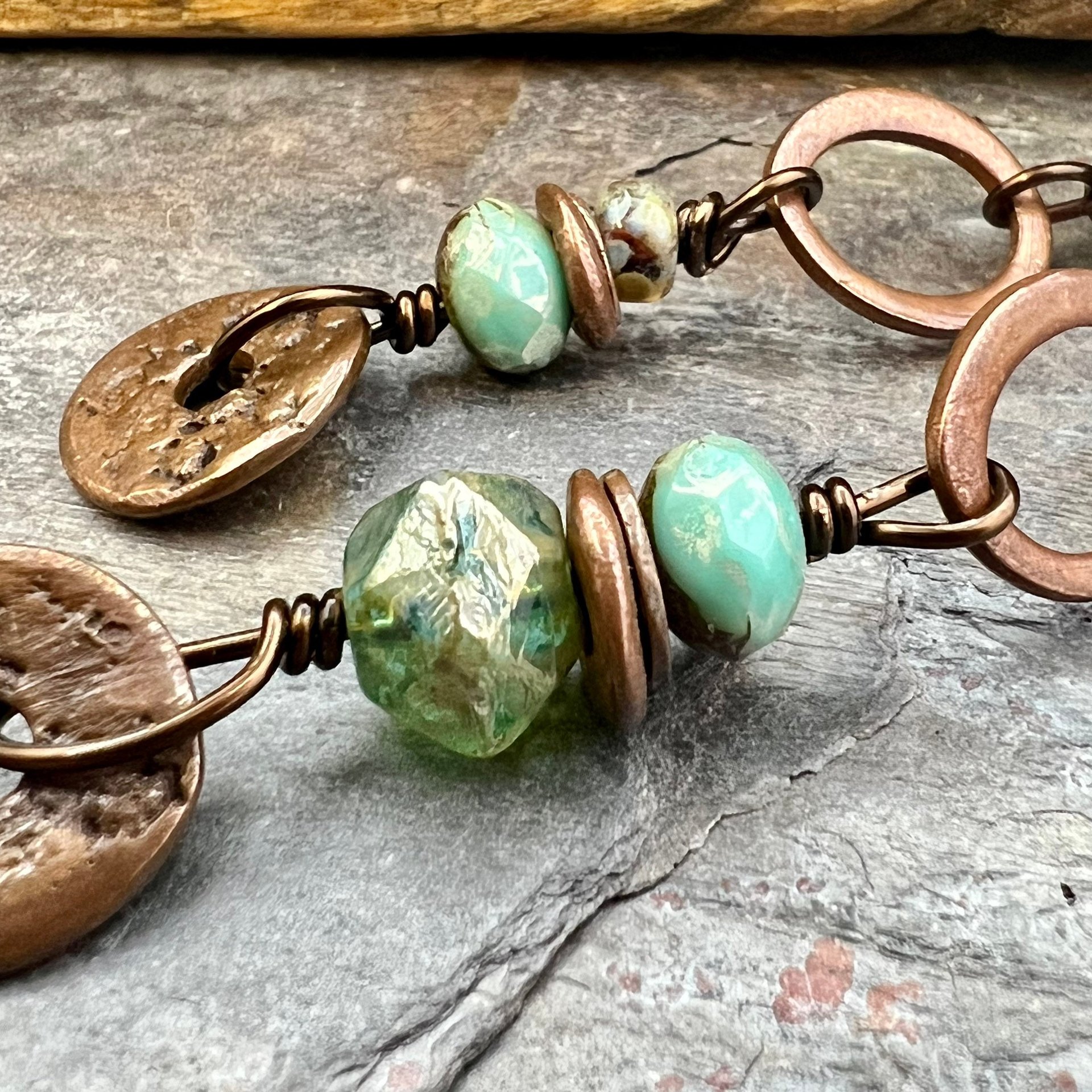 Stacked Cairn Earrings, Copper Hoops, Czech Glass Beads, Hypoallergenic Ear Wires, Earthy Primitive, Arty Mismatched Earrings, Copper & Aqua