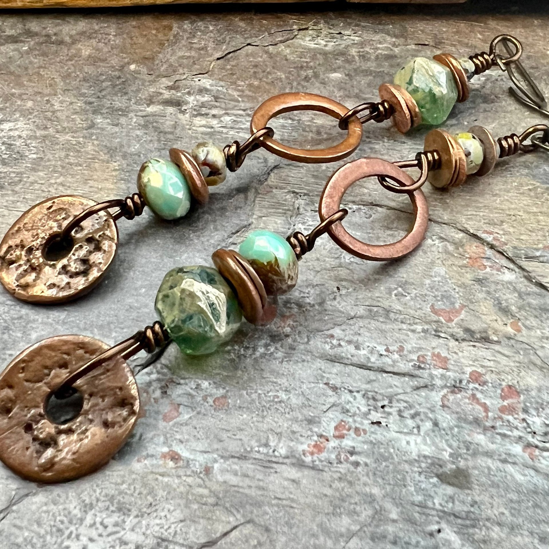 Stacked Cairn Earrings, Copper Hoops, Czech Glass Beads, Hypoallergenic Ear Wires, Earthy Primitive, Arty Mismatched Earrings, Copper & Aqua