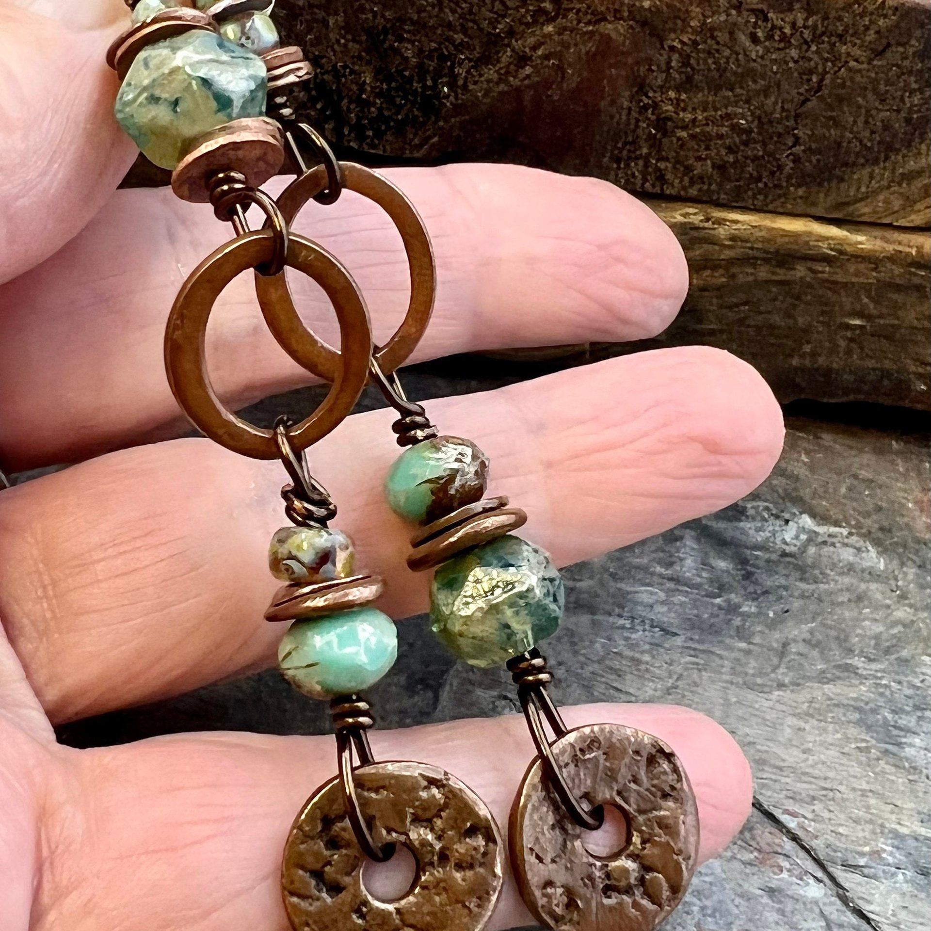Stacked Cairn Earrings, Copper Hoops, Czech Glass Beads, Hypoallergenic Ear Wires, Earthy Primitive, Arty Mismatched Earrings, Copper & Aqua