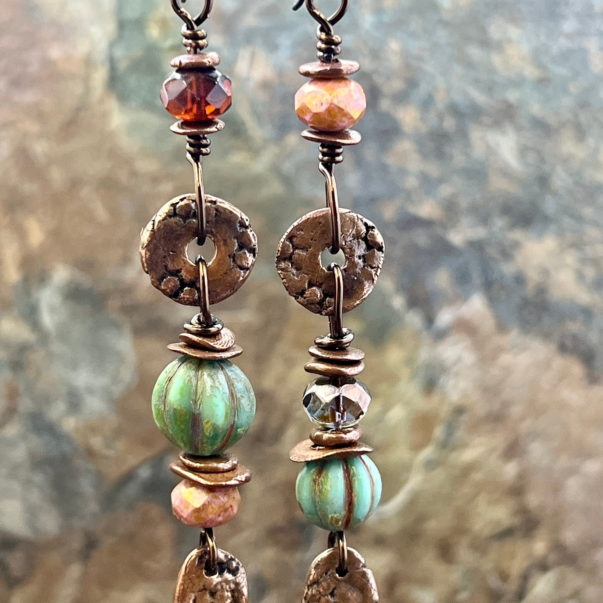 Long Dangle Copper Earrings, Stacked Cairns, Fossil Texture, Czech Glass Beads, Hypoallergenic Ear Wires, Earthy, Arty Mismatched Earrings