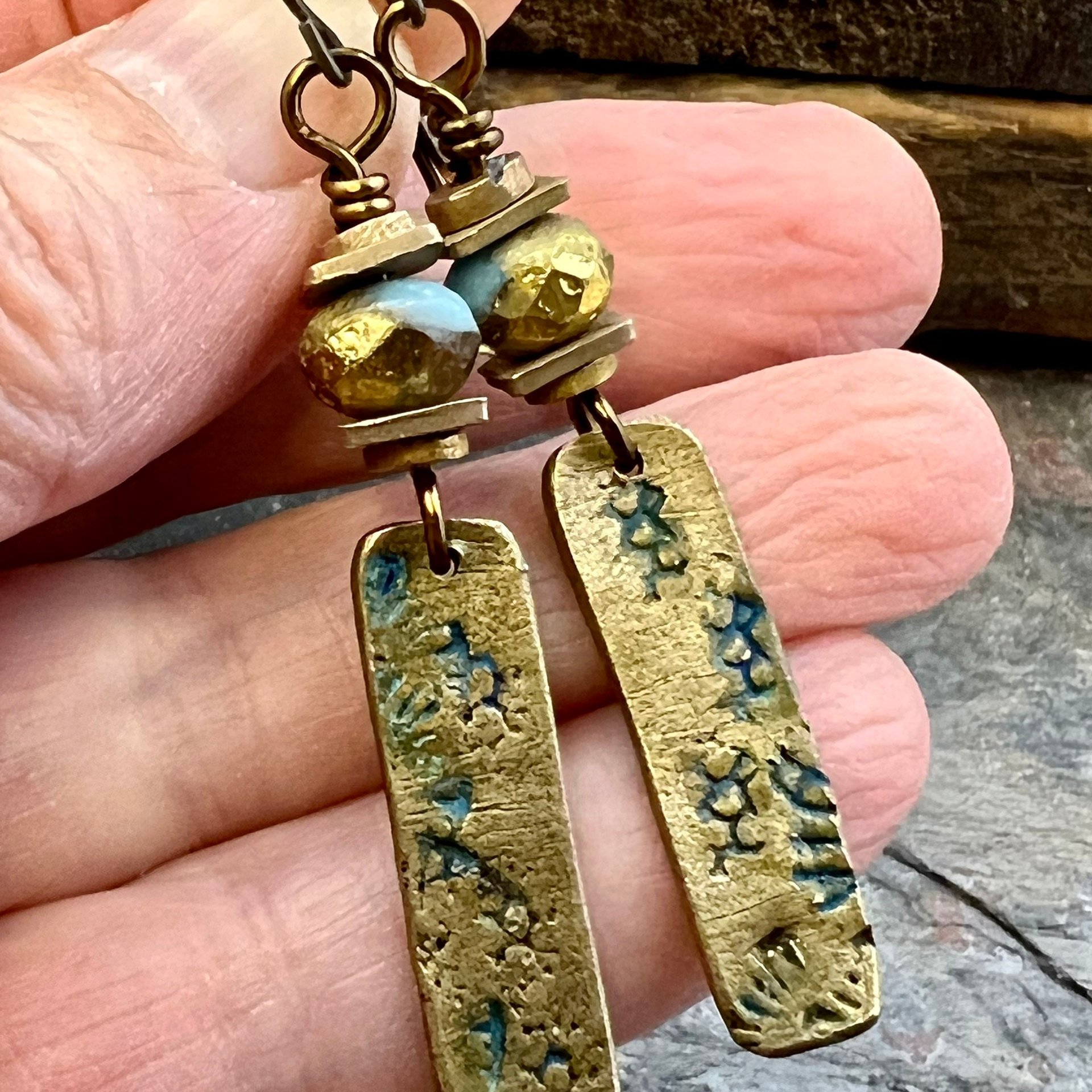 Bronze Dangle Drop Earrings, Coral Fossil Texture, Czech Glass Beads, Bronze and Blue, Hypoallergenic Niobium Ear Wires, Earthy Primitive