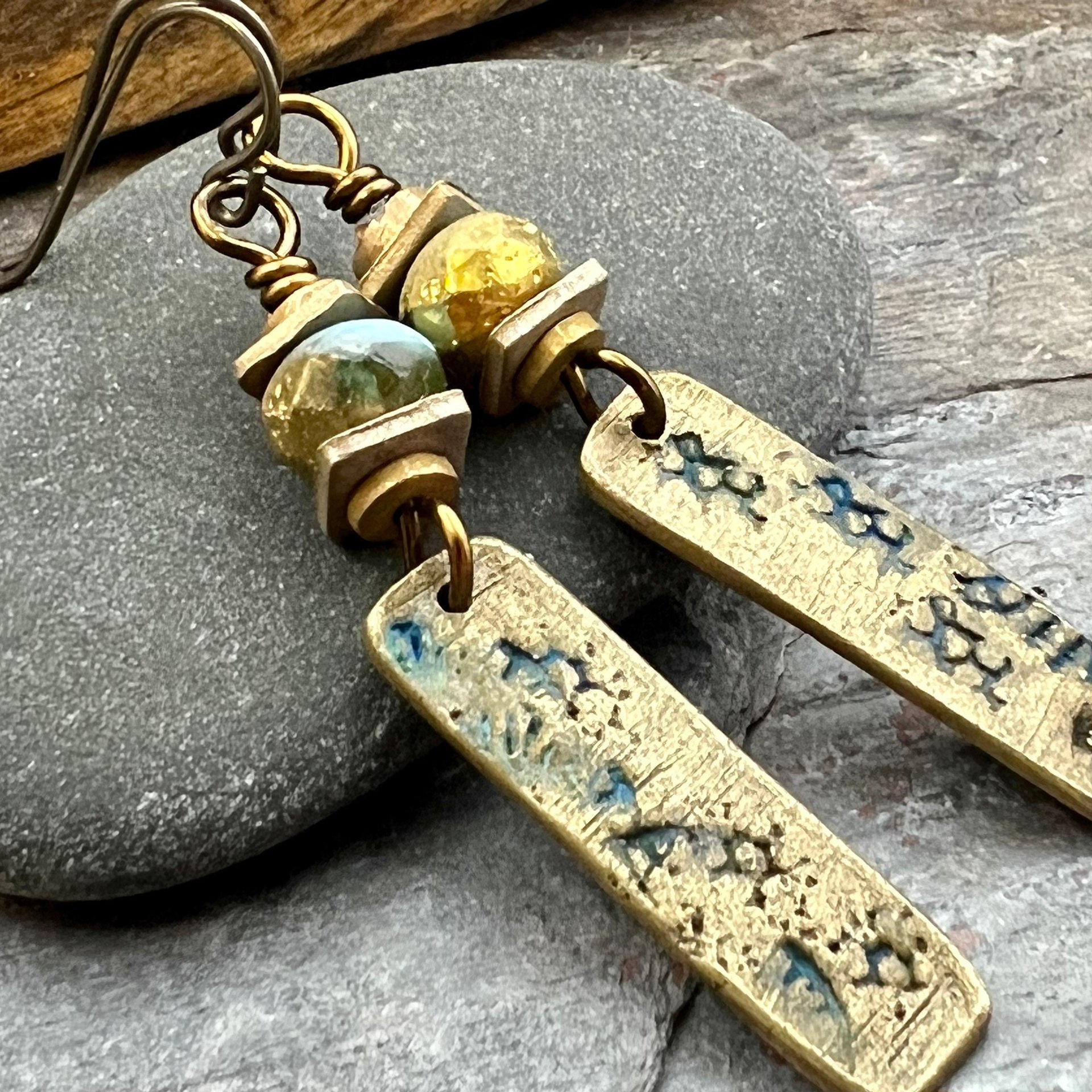 Bronze Dangle Drop Earrings, Coral Fossil Texture, Czech Glass Beads, Bronze and Blue, Hypoallergenic Niobium Ear Wires, Earthy Primitive
