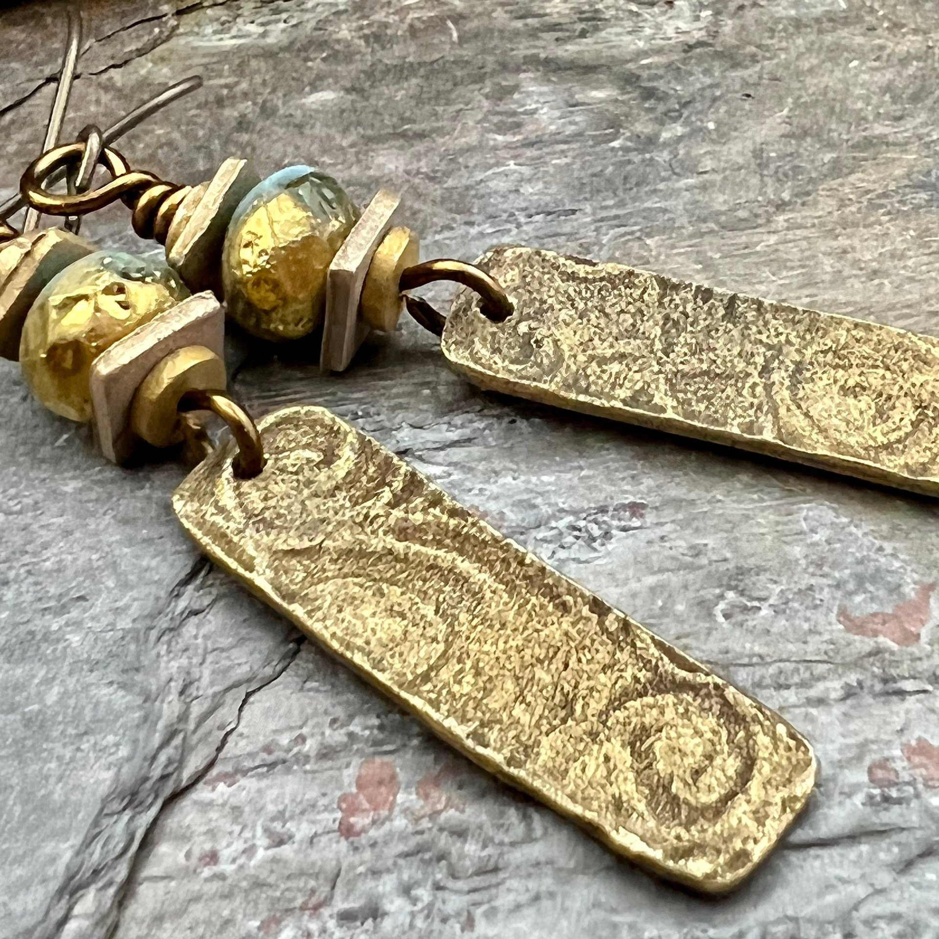 Bronze Dangle Drop Earrings, Coral Fossil Texture, Czech Glass Beads, Bronze and Blue, Hypoallergenic Niobium Ear Wires, Earthy Primitive