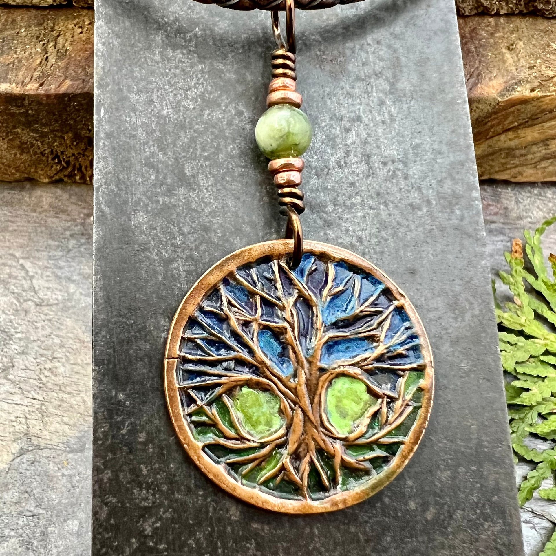 Celtic Tree of Life, Round Copper Pendant, Colorful Patina, Connemara Marble, Irish Celtic Spirals, Celtic Witch Goddess, Earthy Art Jewelry
