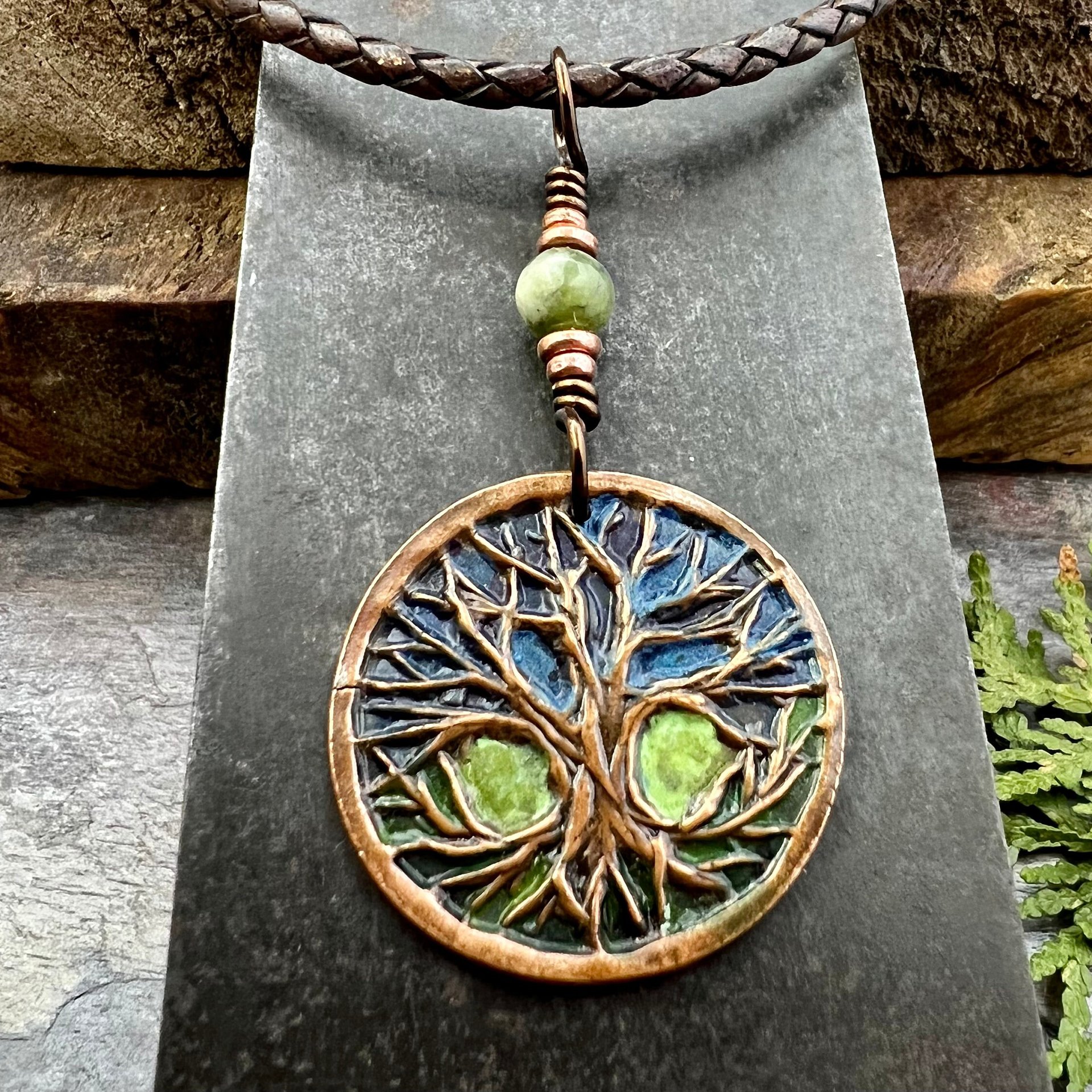 Celtic Tree of Life, Round Copper Pendant, Colorful Patina, Connemara Marble, Irish Celtic Spirals, Celtic Witch Goddess, Earthy Art Jewelry