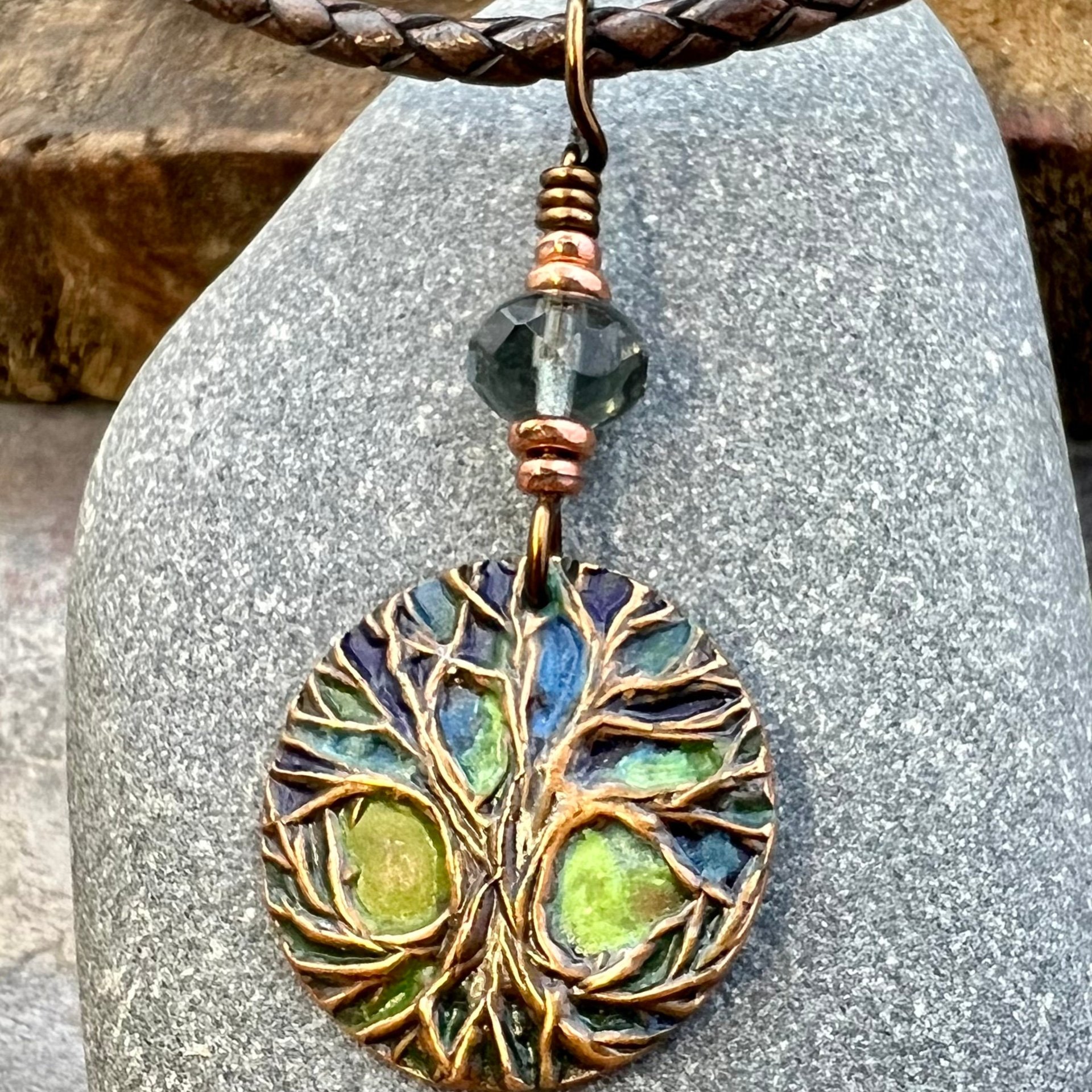 Celtic Tree of Life, Copper Pendant, Colorful Patina, Czech Glass, Irish Celtic Spirals, Celtic Witch Goddess, Earthy Rustic Art Jewelry