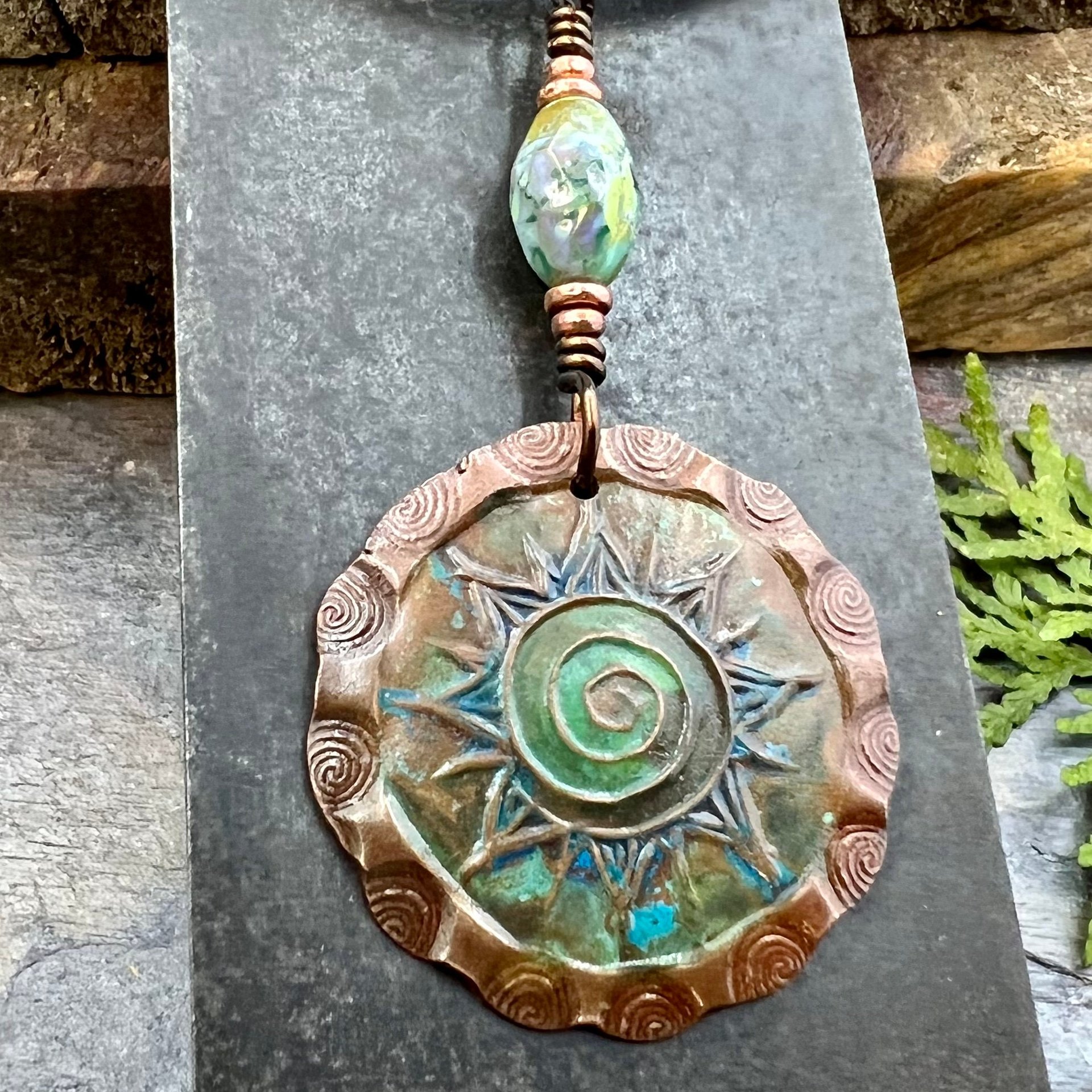 Celtic Sun Spiral Necklace, Copper Charm, Irish Celtic Spirals, Patina Colors, Czech Glass, Leather & Vegan Cords, Earthy Rustic Art Jewelry