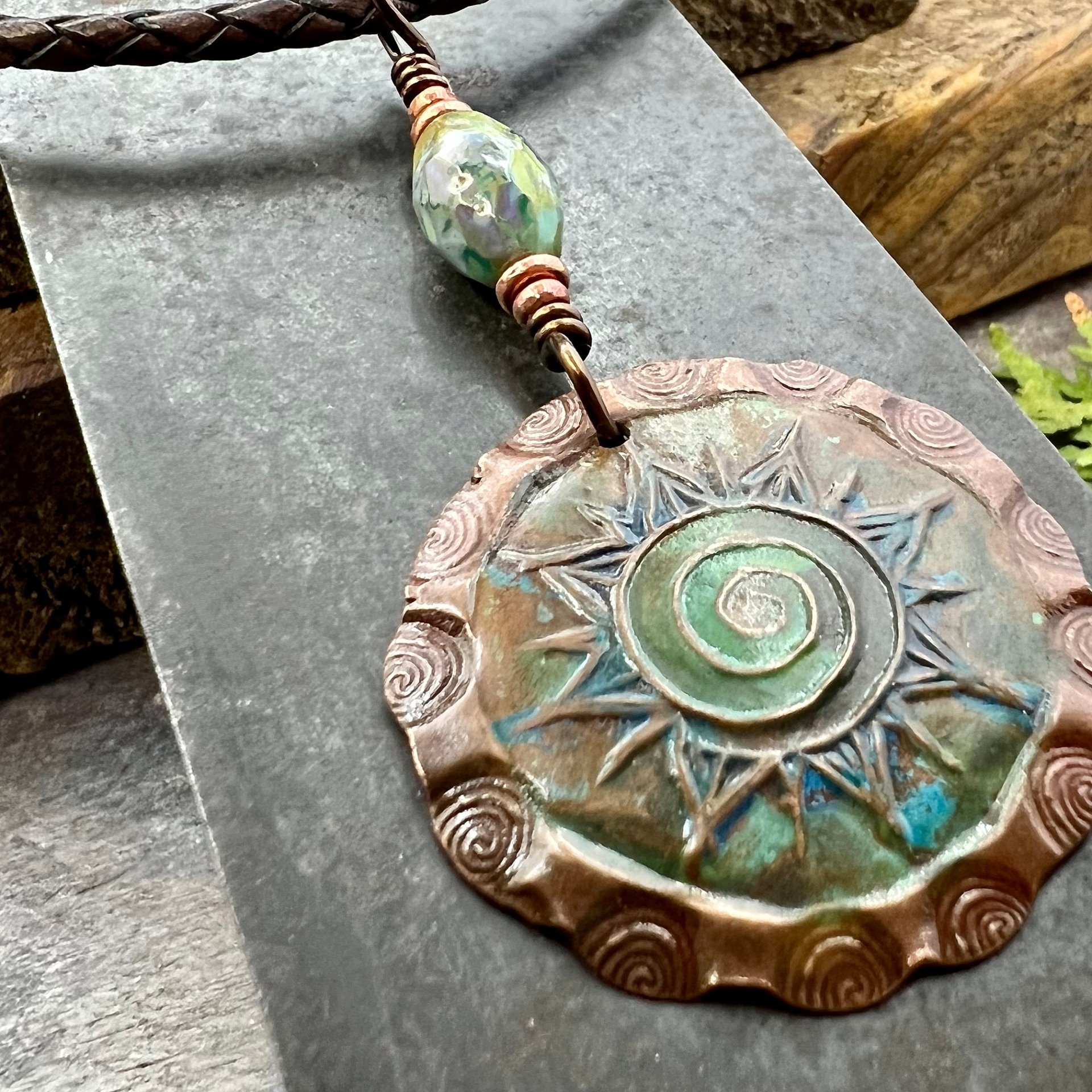 Celtic Sun Spiral Necklace, Copper Charm, Irish Celtic Spirals, Patina Colors, Czech Glass, Leather & Vegan Cords, Earthy Rustic Art Jewelry