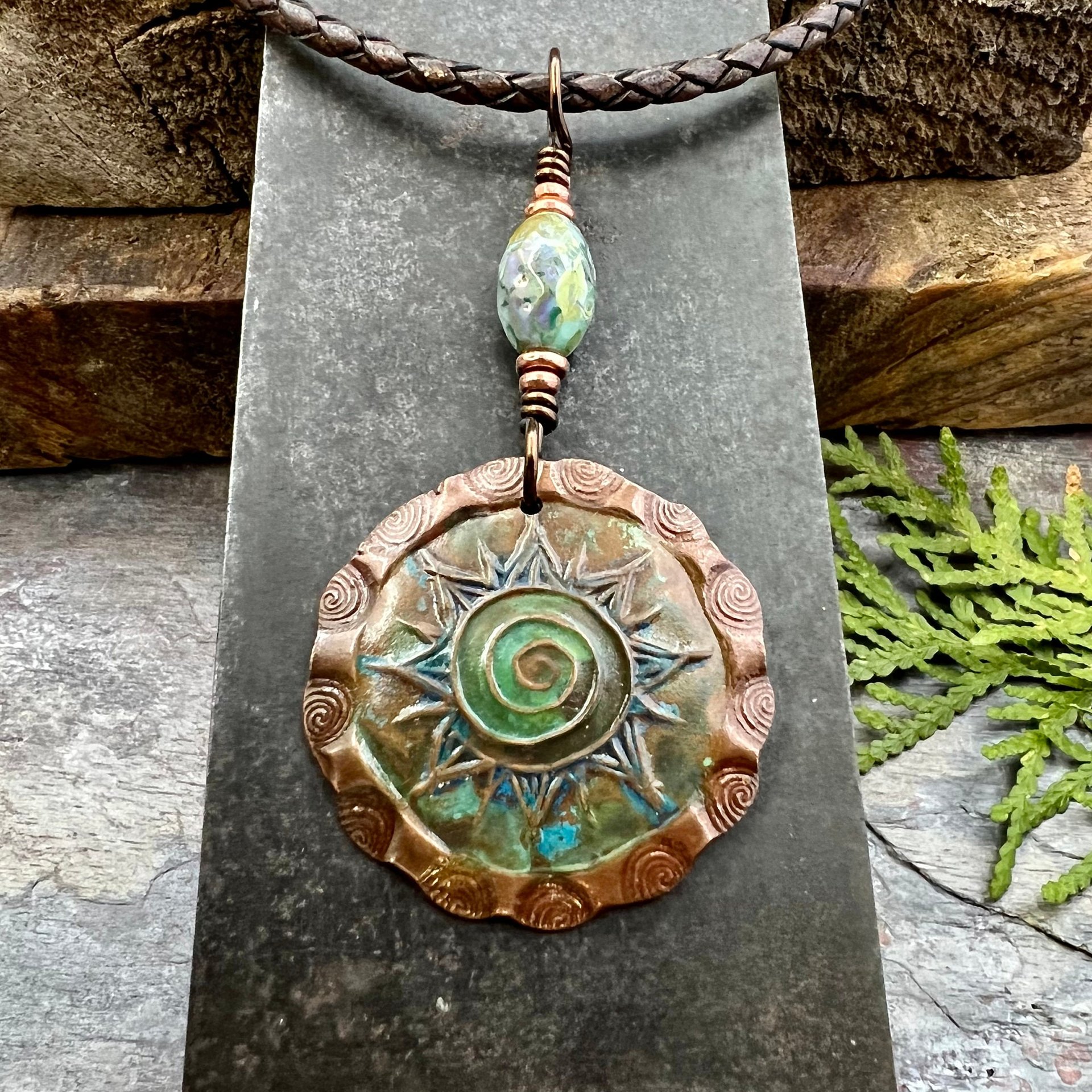 Celtic Sun Spiral Necklace, Copper Charm, Irish Celtic Spirals, Patina Colors, Czech Glass, Leather & Vegan Cords, Earthy Rustic Art Jewelry