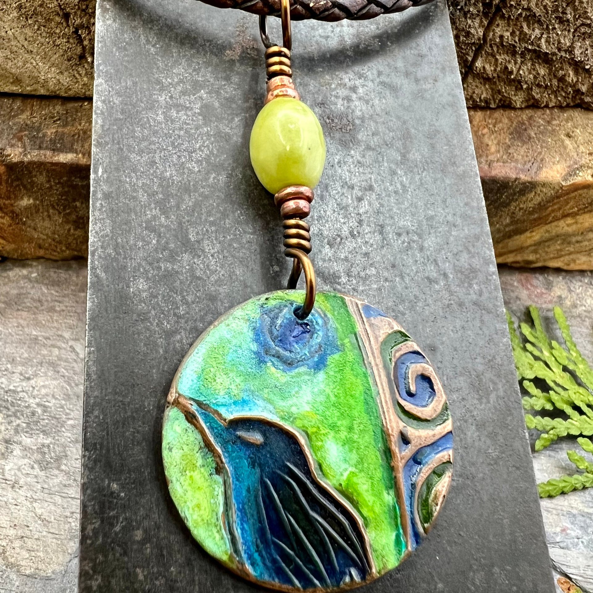 Copper Raven Pendant, Colorful Patina, Connemara Marble, Hand Carved, Irish Celtic Spirals, Celtic Witch Goddess, Ancient Earthy Jewelry