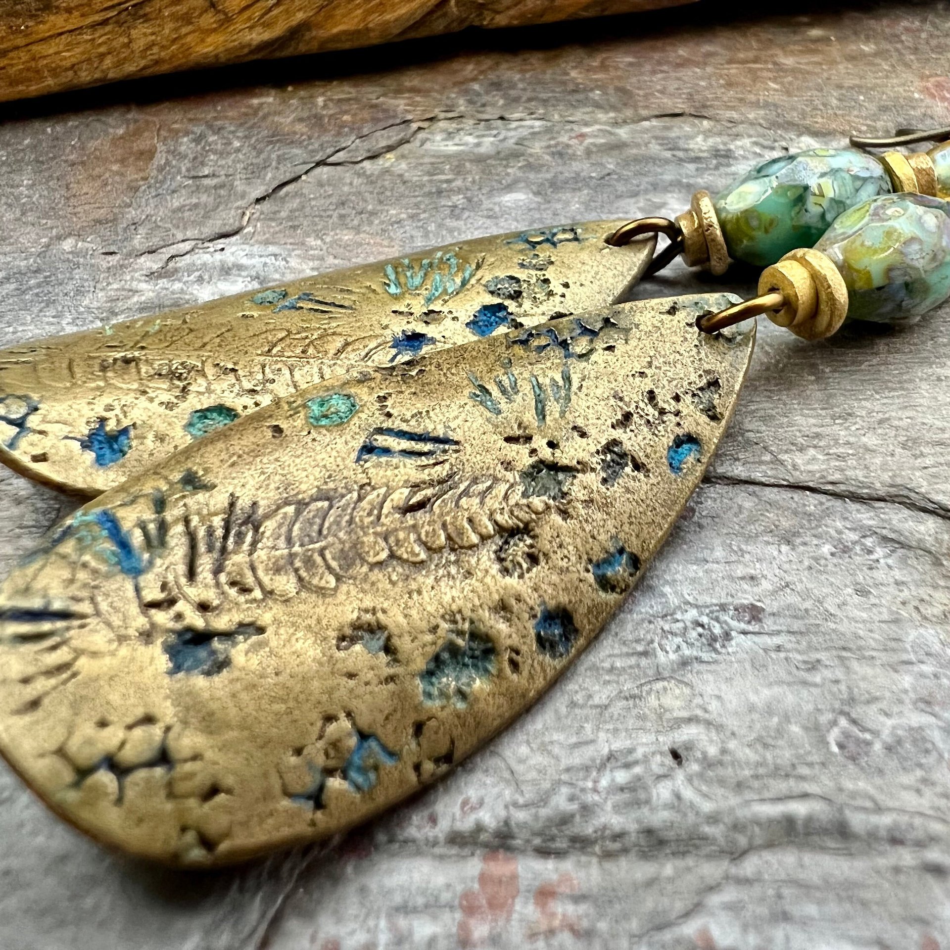 Fern Bronze Earrings, Coral Fossil Texture, Teardrop Shield, Large Statement Earrings, Verdigris Patina, Czech Glass Beads, Hypoallergenic