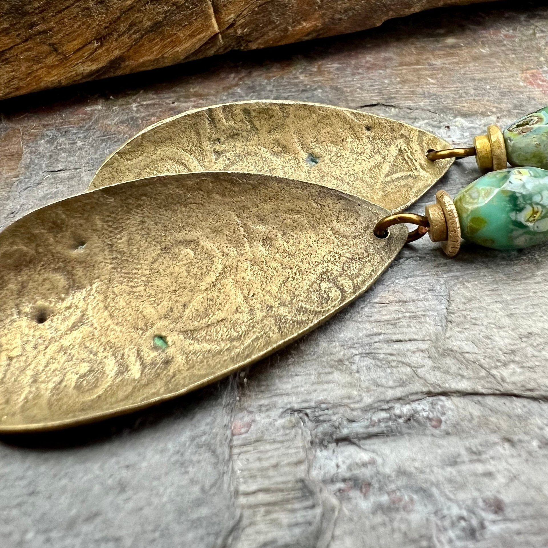 Fern Bronze Earrings, Coral Fossil Texture, Teardrop Shield, Large Statement Earrings, Verdigris Patina, Czech Glass Beads, Hypoallergenic