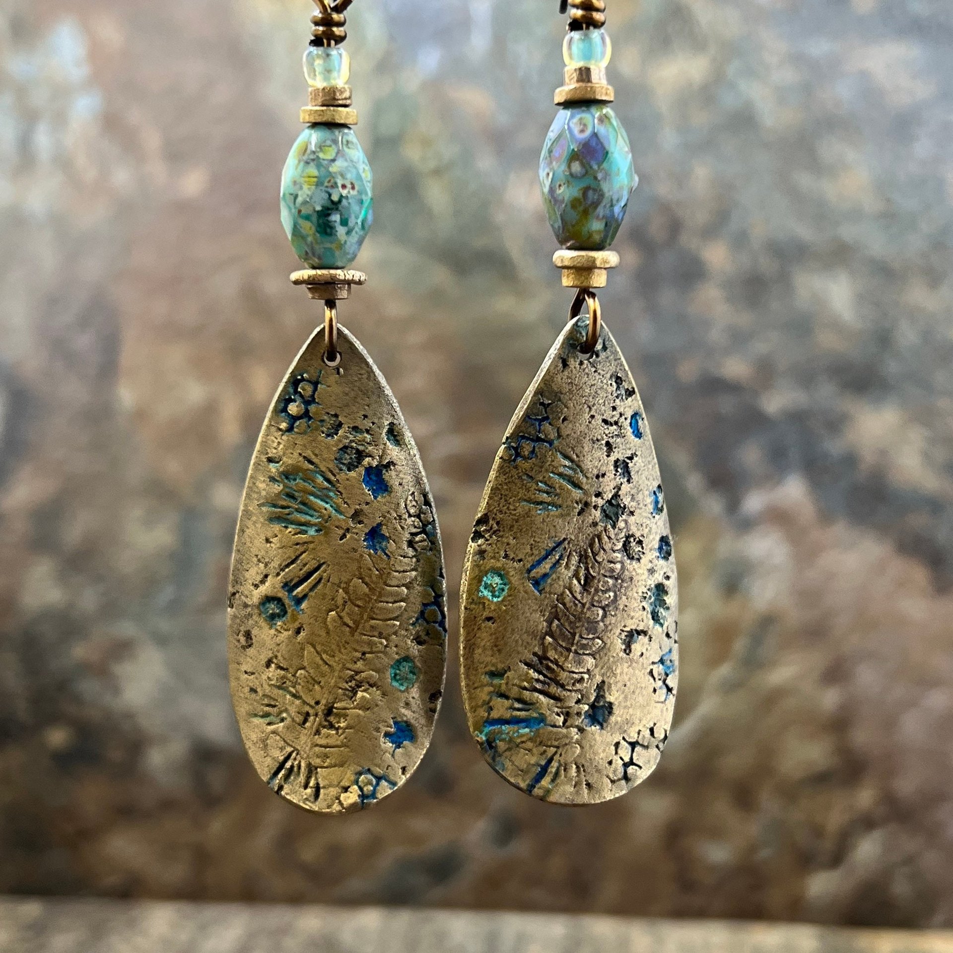 Fern Bronze Earrings, Coral Fossil Texture, Teardrop Shield, Large Statement Earrings, Verdigris Patina, Czech Glass Beads, Hypoallergenic
