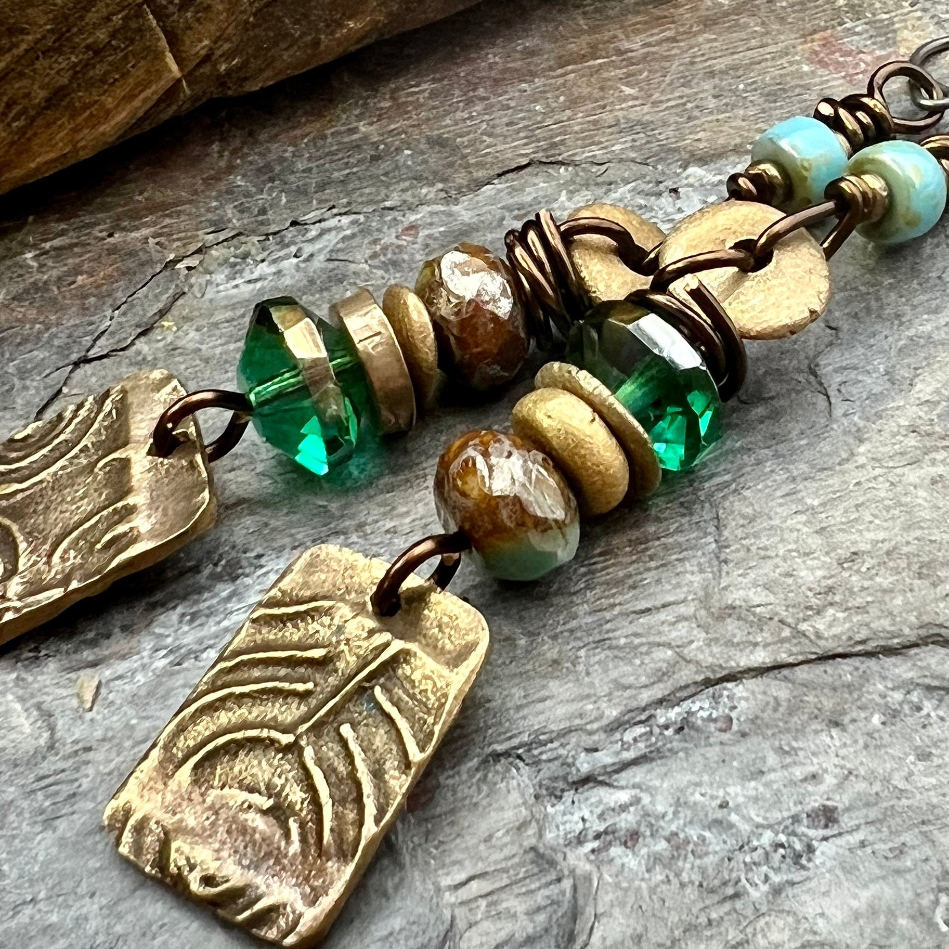 Bronze Spiral Dangle Earrings, Stacked Cairns, Czech Glass, Hypoallergenic Ear Wires, Earthy, Arty Mismatched Earrings, Bronze & Aqua