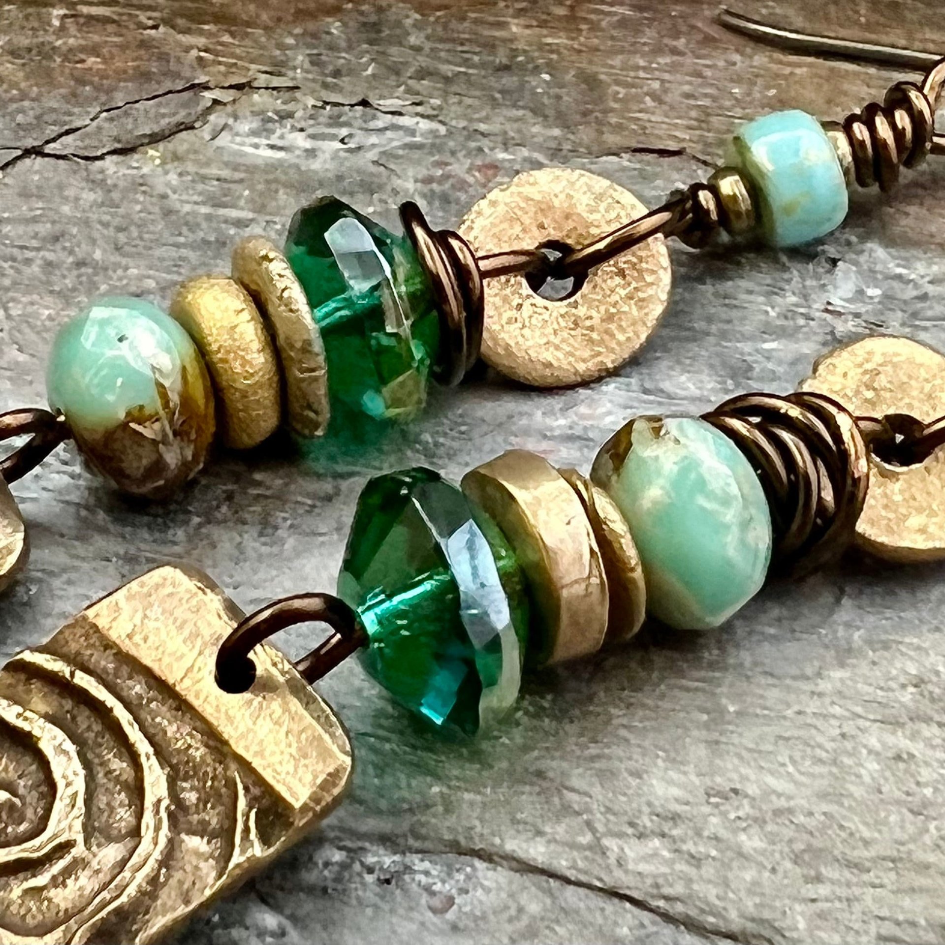Bronze Spiral Dangle Earrings, Stacked Cairns, Czech Glass, Hypoallergenic Ear Wires, Earthy, Arty Mismatched Earrings, Bronze & Aqua