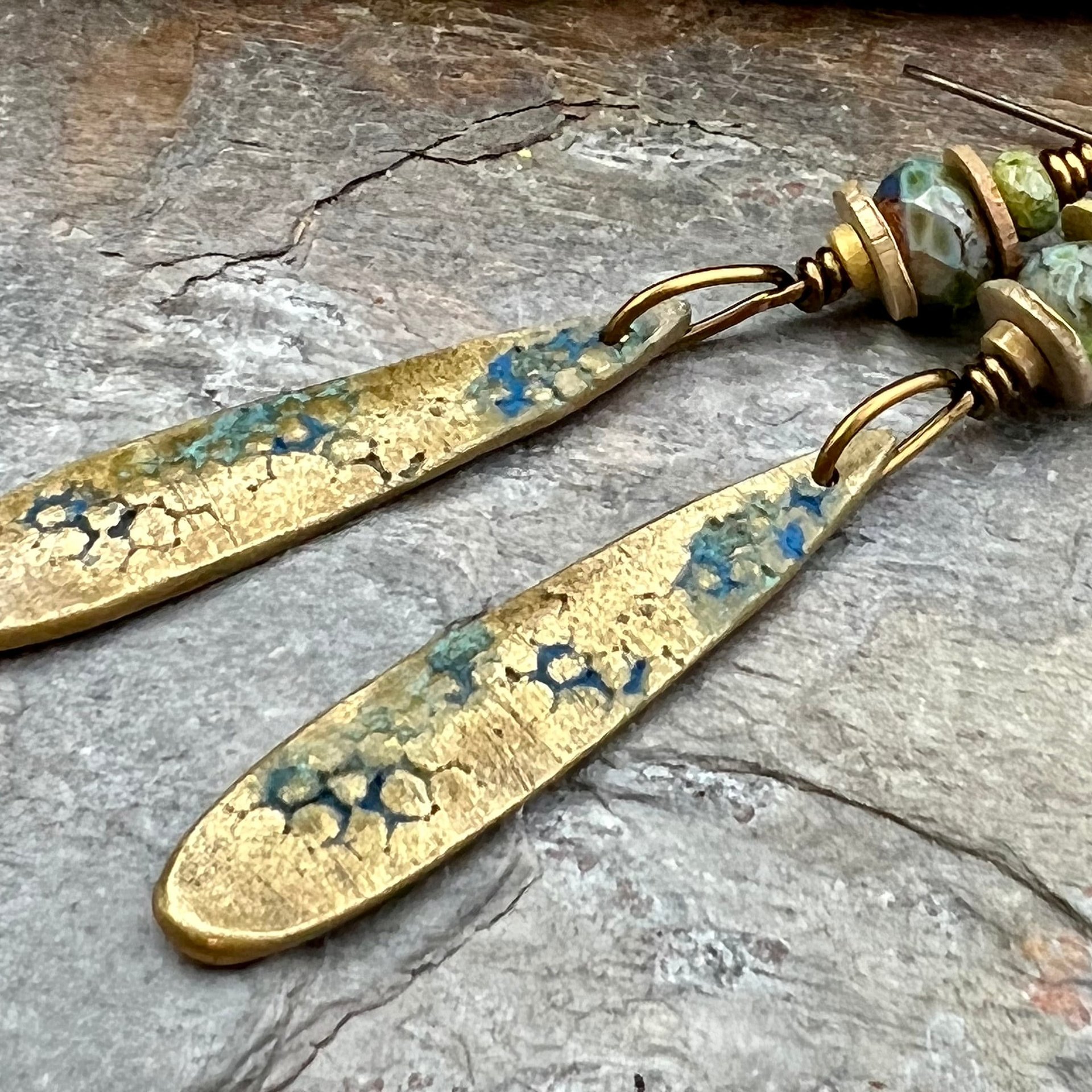 Bronze Dangle, Teardrop Earrings, Coral Fossil Texture, Czech Glass Beads, Bronze and Blue, Hypoallergenic Niobium Ear Wires, Earthy Arty