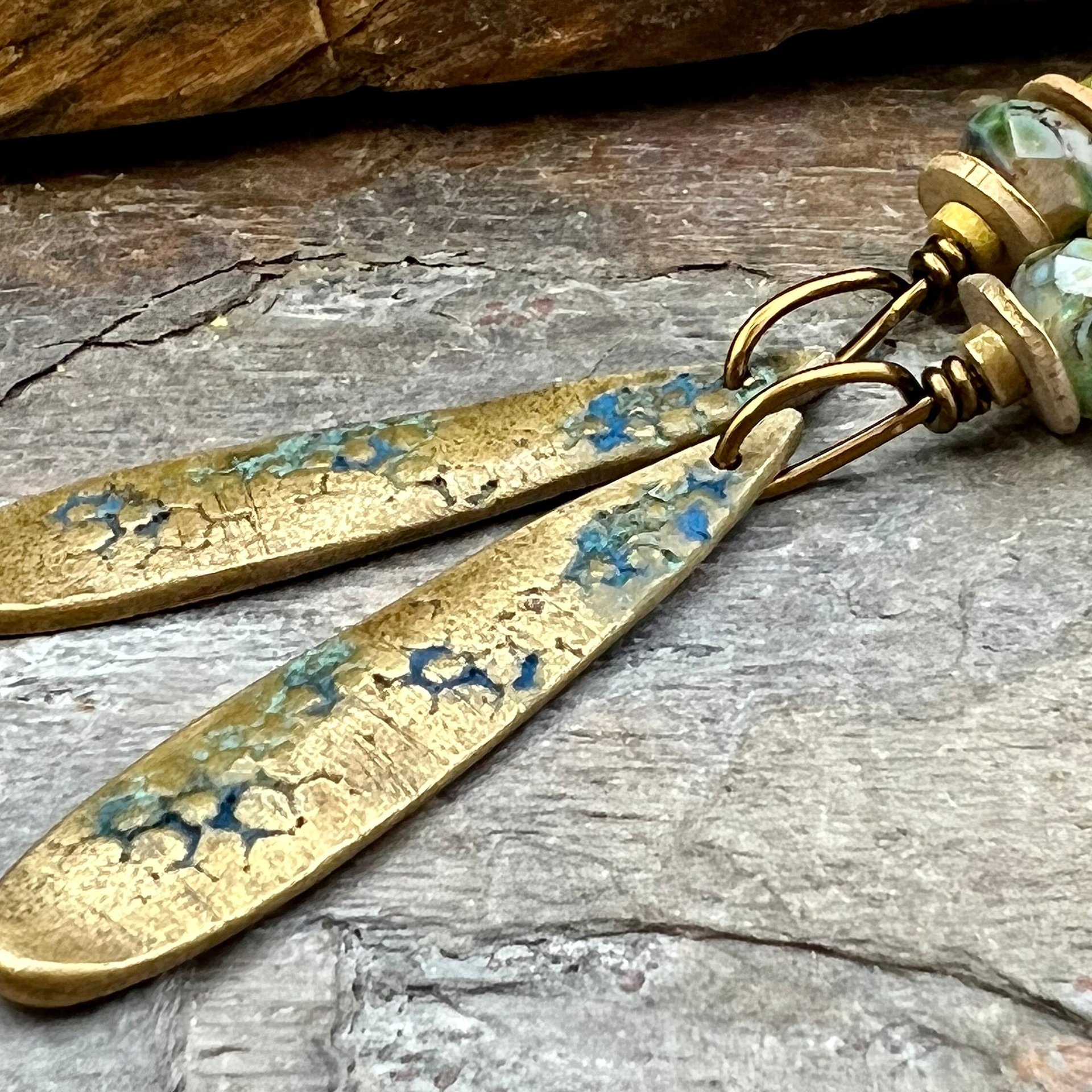 Bronze Dangle, Teardrop Earrings, Coral Fossil Texture, Czech Glass Beads, Bronze and Blue, Hypoallergenic Niobium Ear Wires, Earthy Arty