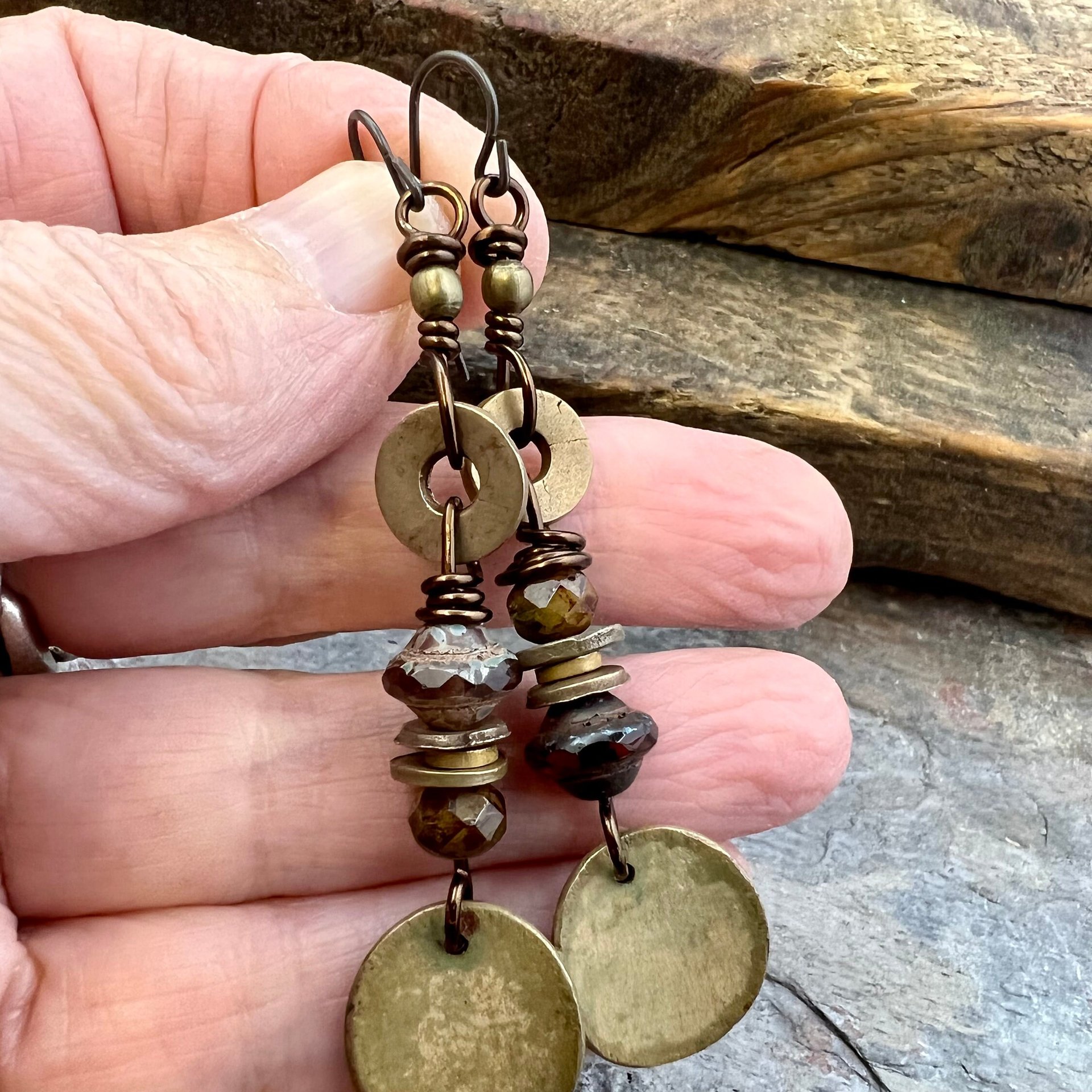 Bronze Disc Dangle Earrings, Stacked Cairns, Czech Glass, Hypoallergenic Ear Wires, Earthy Primitive, Arty Mismatched Earrings, Handmade