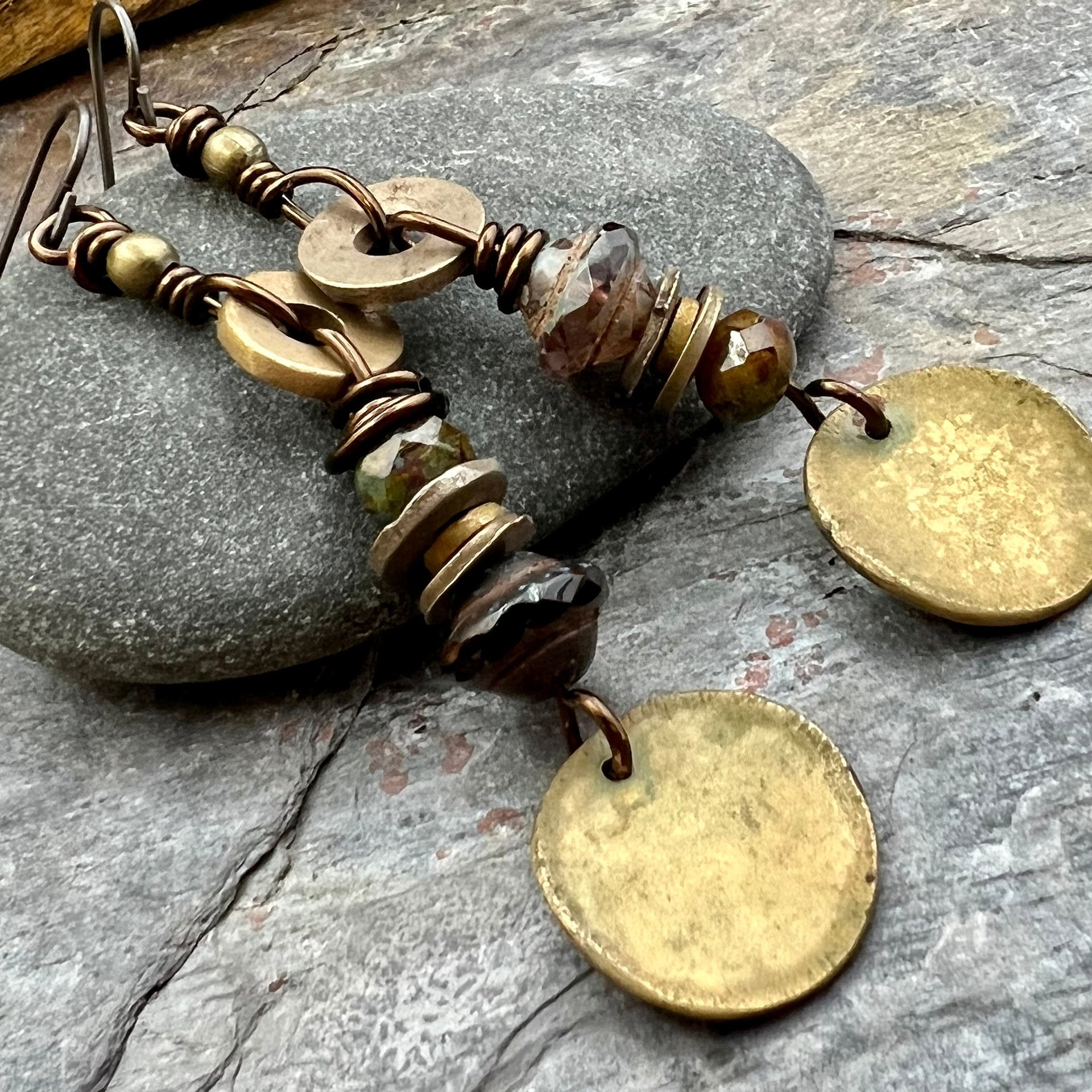 Bronze Disc Dangle Earrings, Stacked Cairns, Czech Glass, Hypoallergenic Ear Wires, Earthy Primitive, Arty Mismatched Earrings, Handmade