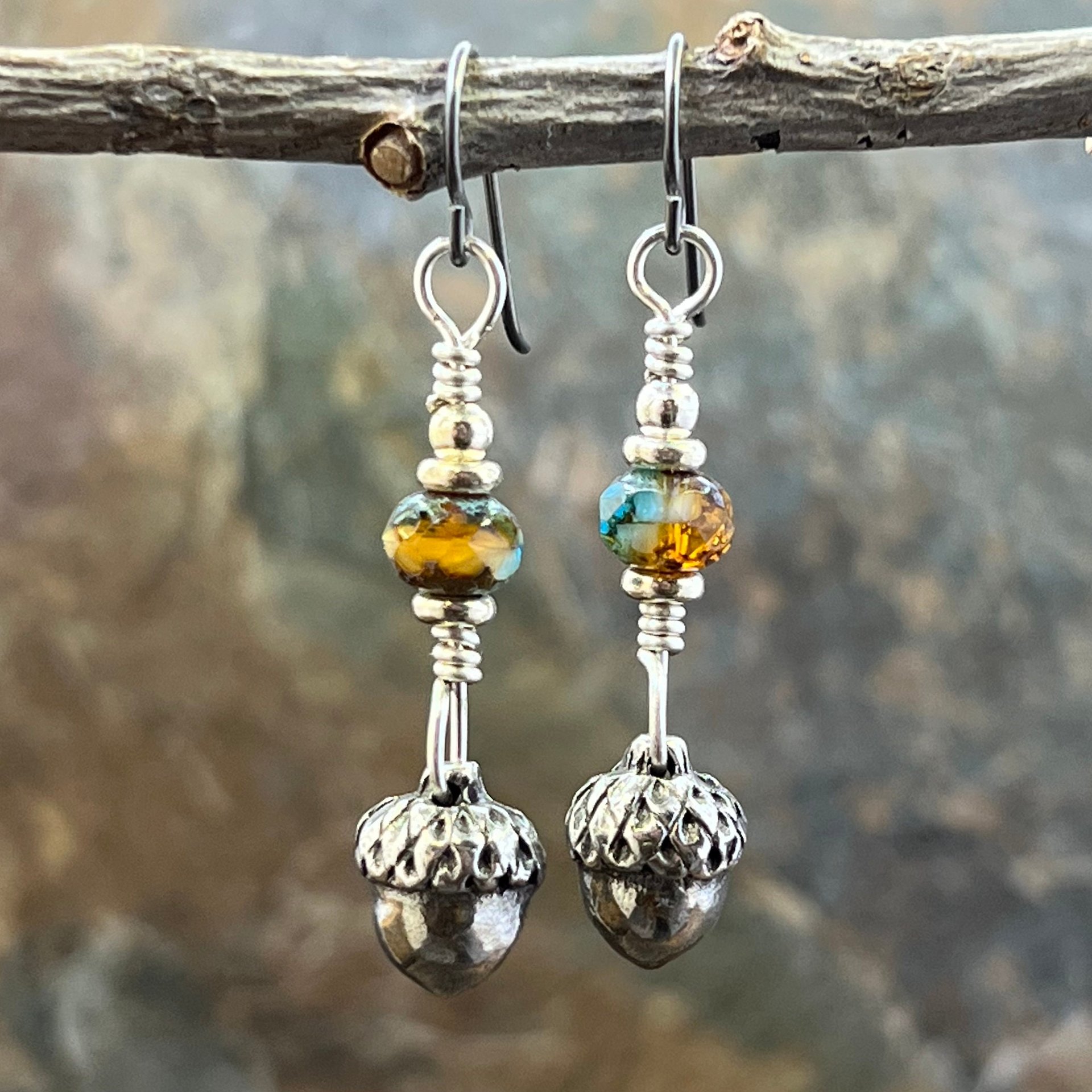 Acorn Sterling Silver Earrings, Hypoallergenic, Niobium Ear Wires, Czech Glass, Oak Tree Jewelry, Tiny Acorns, Druid, Earthy Woodland Gifts