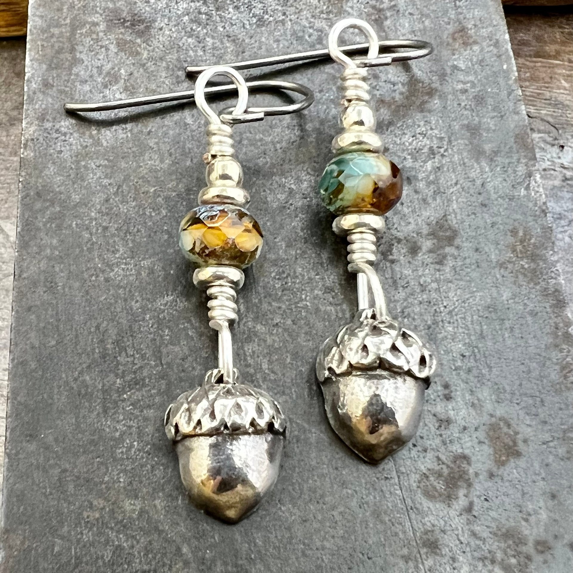 Acorn Sterling Silver Earrings, Hypoallergenic, Niobium Ear Wires, Czech Glass, Oak Tree Jewelry, Tiny Acorns, Druid, Earthy Woodland Gifts