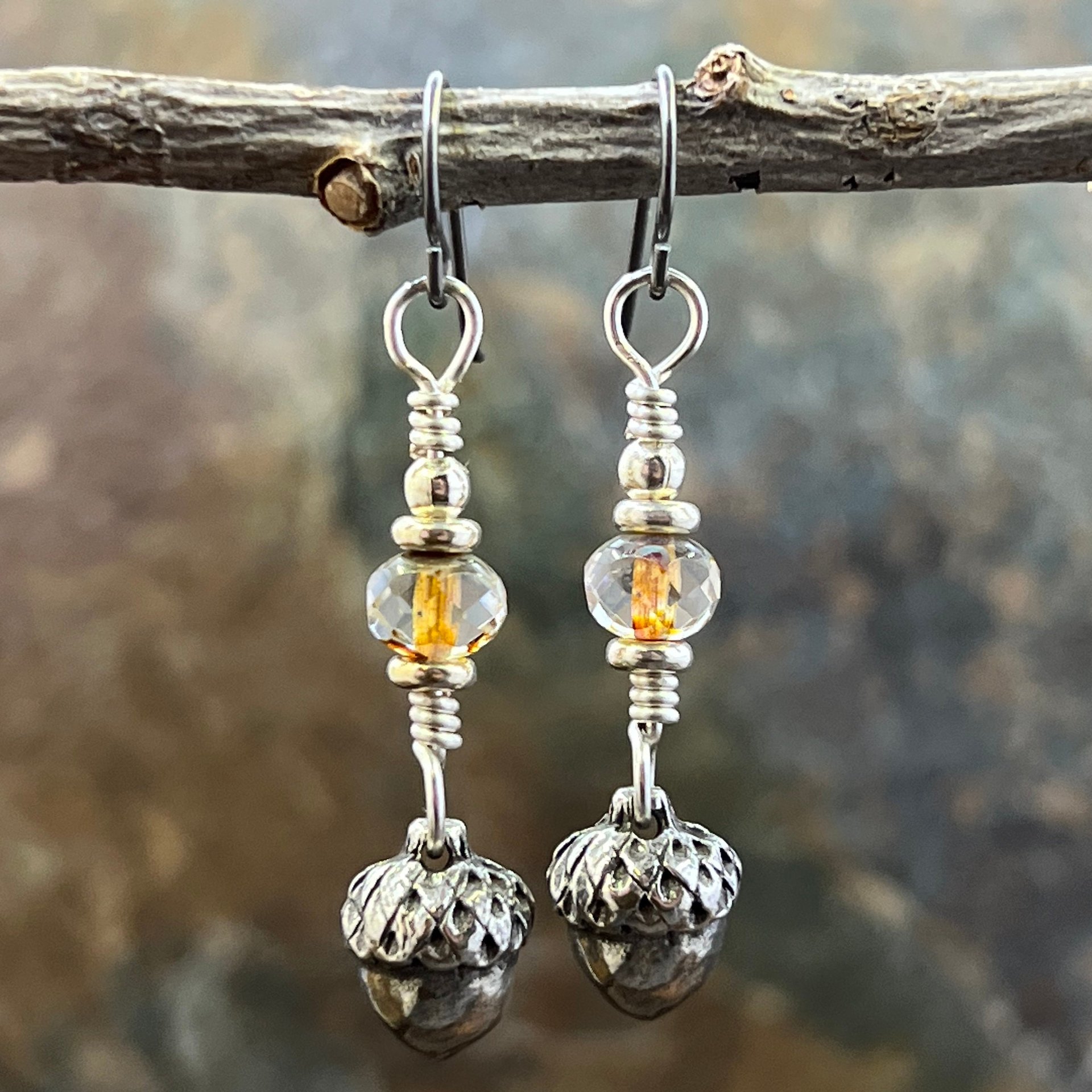 Acorn Sterling Silver Earrings, Hypoallergenic, Niobium Ear Wires, Czech Glass, Oak Tree Jewelry, Tiny Acorns, Druid, Earthy Woodland Gifts