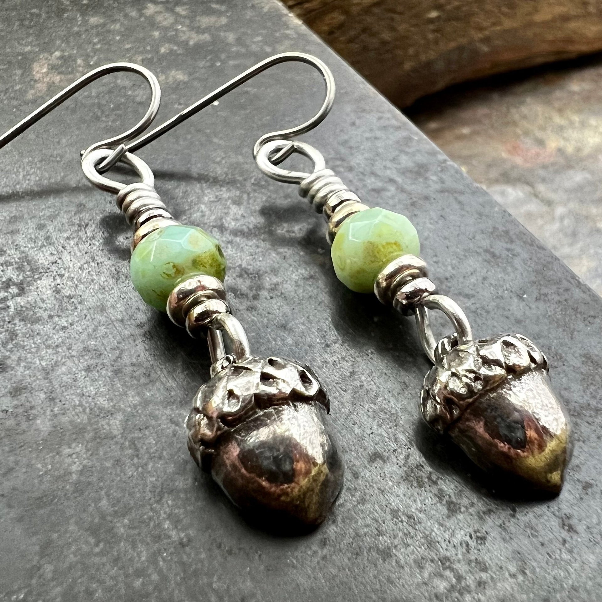 Acorn Sterling Silver Earrings, Hypoallergenic, Niobium Ear Wires, Czech Glass, Oak Tree Jewelry, Tiny Acorns, Druid, Earthy Woodland Gifts
