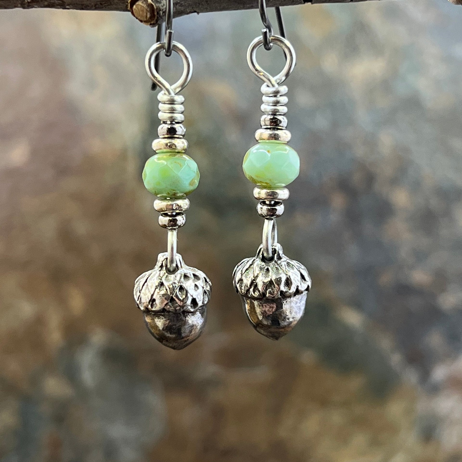 Acorn Sterling Silver Earrings, Hypoallergenic, Niobium Ear Wires, Czech Glass, Oak Tree Jewelry, Tiny Acorns, Druid, Earthy Woodland Gifts