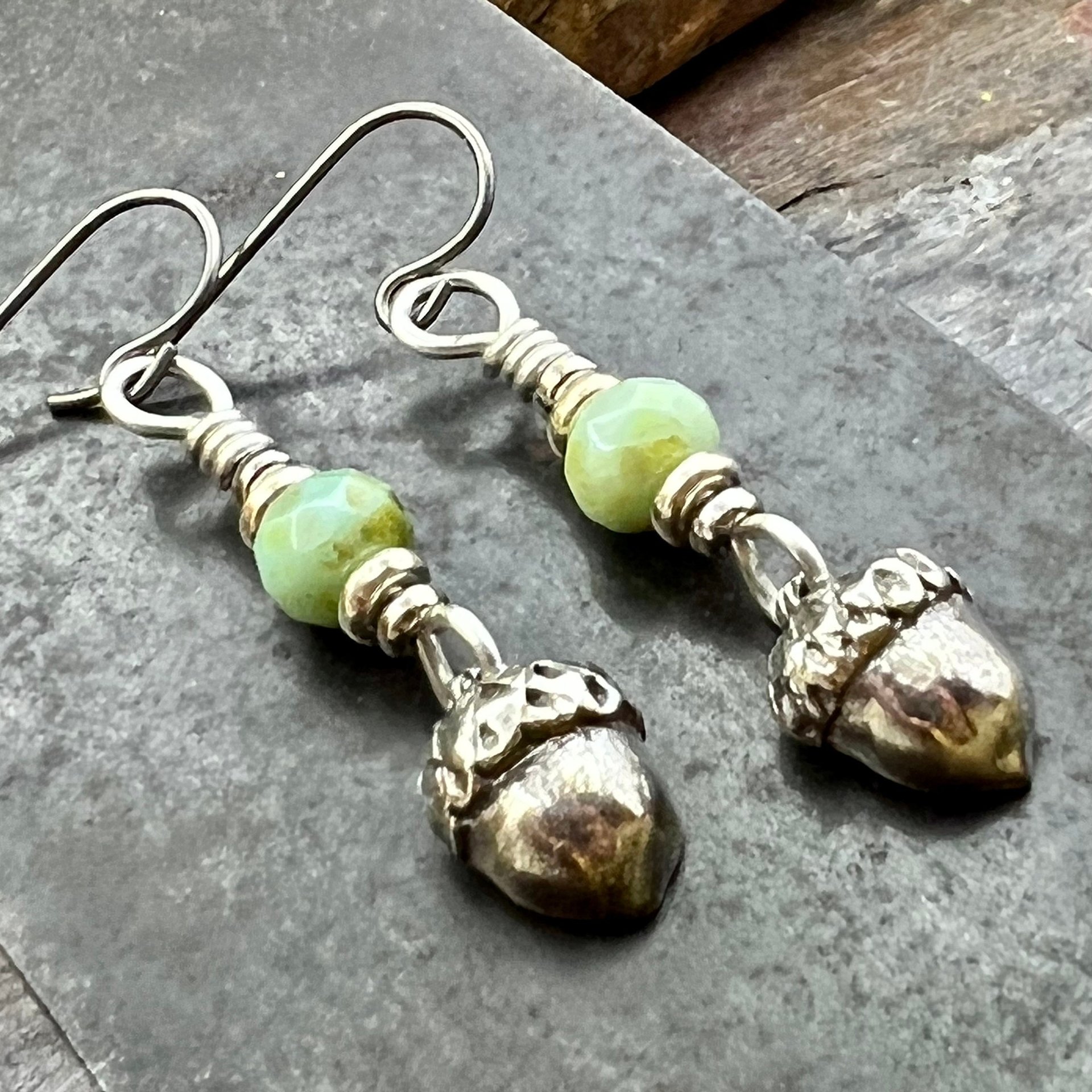 Acorn Sterling Silver Earrings, Hypoallergenic, Niobium Ear Wires, Czech Glass, Oak Tree Jewelry, Tiny Acorns, Druid, Earthy Woodland Gifts