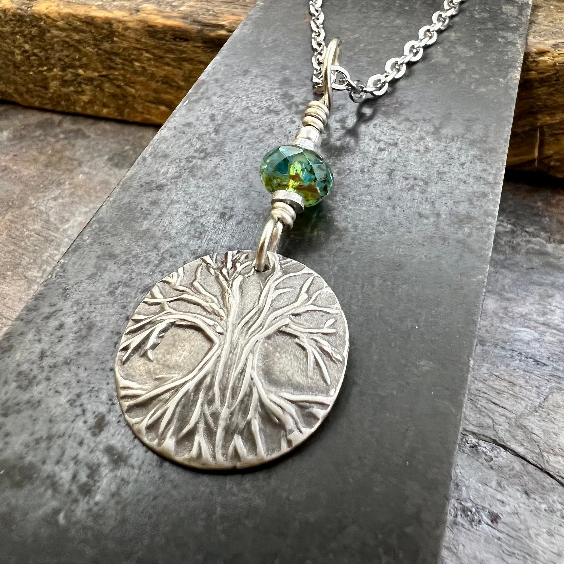 Tree of Life, Sterling Silver Charm, Czech Glass, Silver Tree Necklace, Leather & Vegan Cords, Stainless Steel Chain, Earthy Nature Gifts