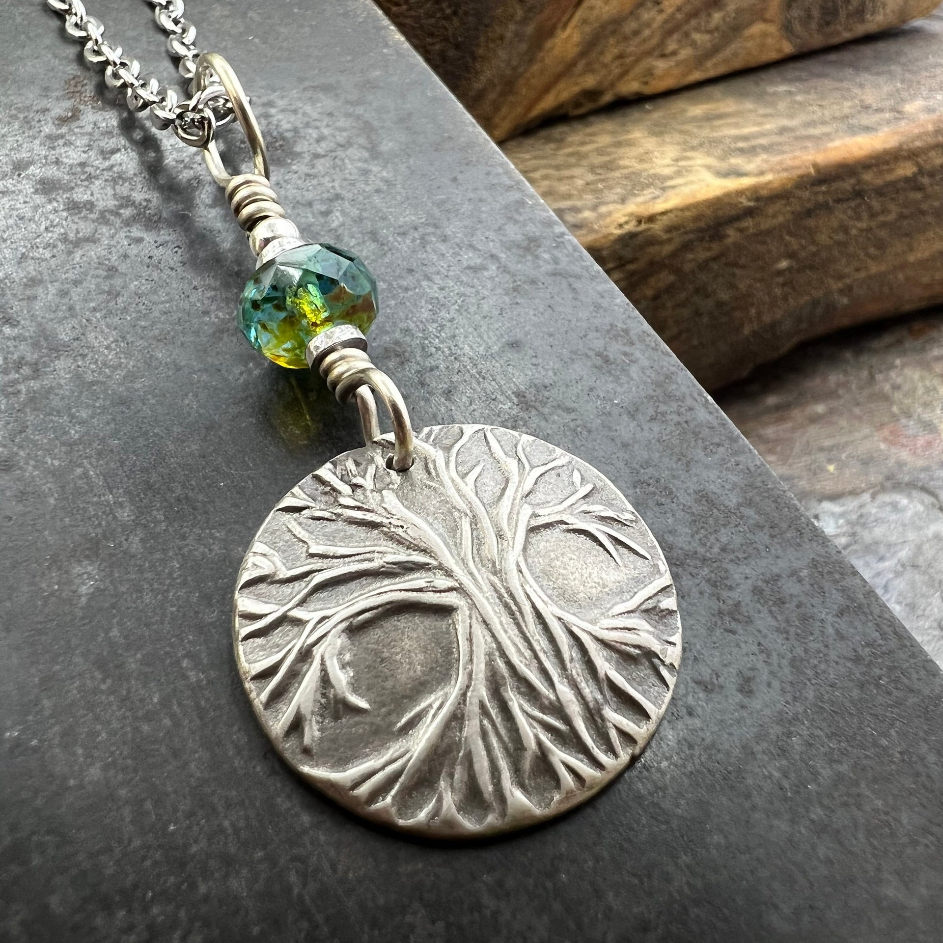Tree of Life, Sterling Silver Charm, Czech Glass, Silver Tree Necklace, Leather & Vegan Cords, Stainless Steel Chain, Earthy Nature Gifts