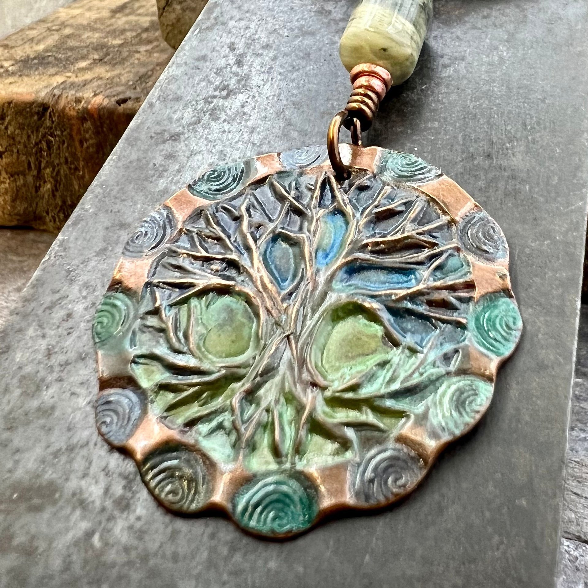 Tree of Life Pendant, Copper Colorful Patina, Connemara Marble, Hand Carved, Irish Celtic Spirals, Celtic Witch Goddess, Ancient Earthy Art