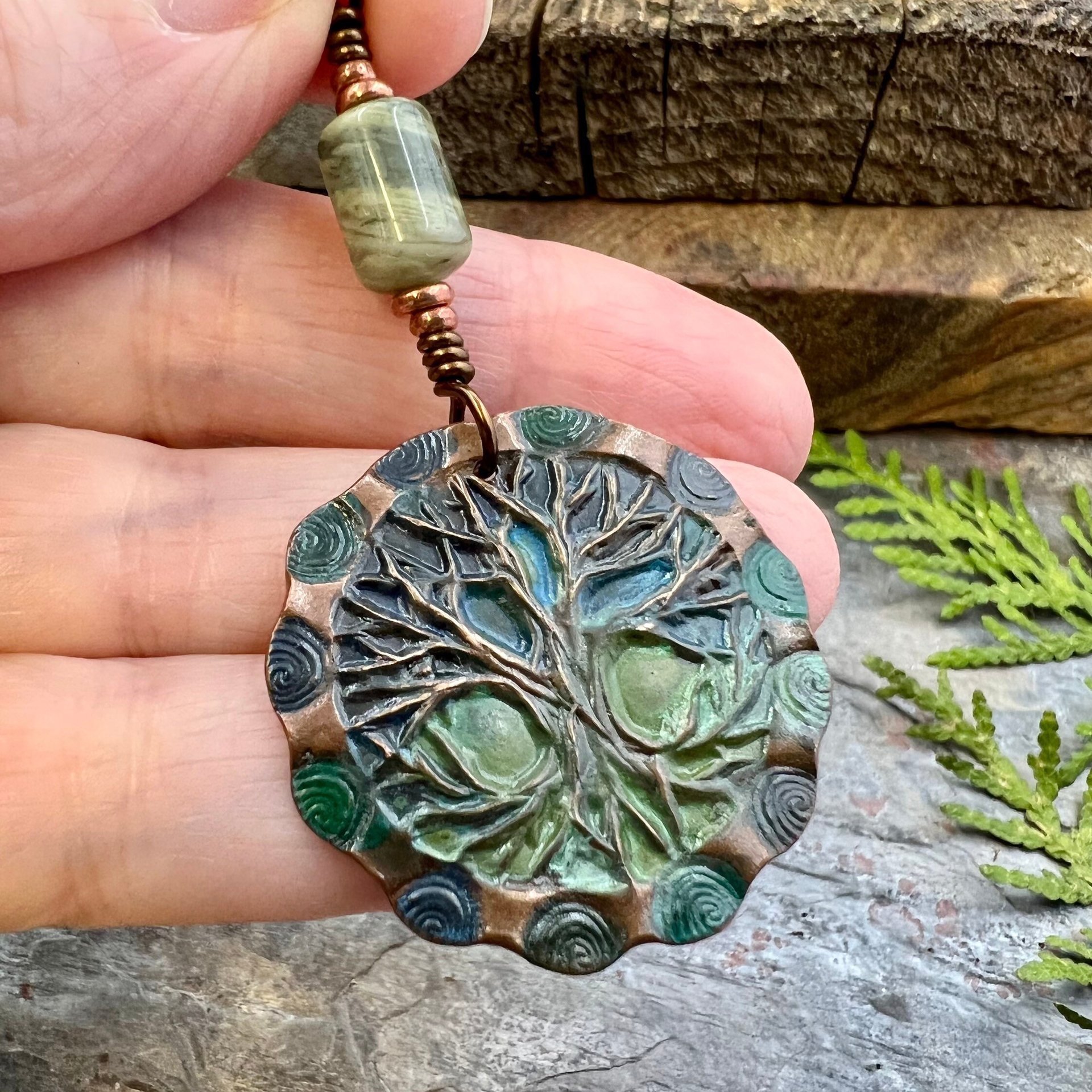 Tree of Life Pendant, Copper Colorful Patina, Connemara Marble, Hand Carved, Irish Celtic Spirals, Celtic Witch Goddess, Ancient Earthy Art