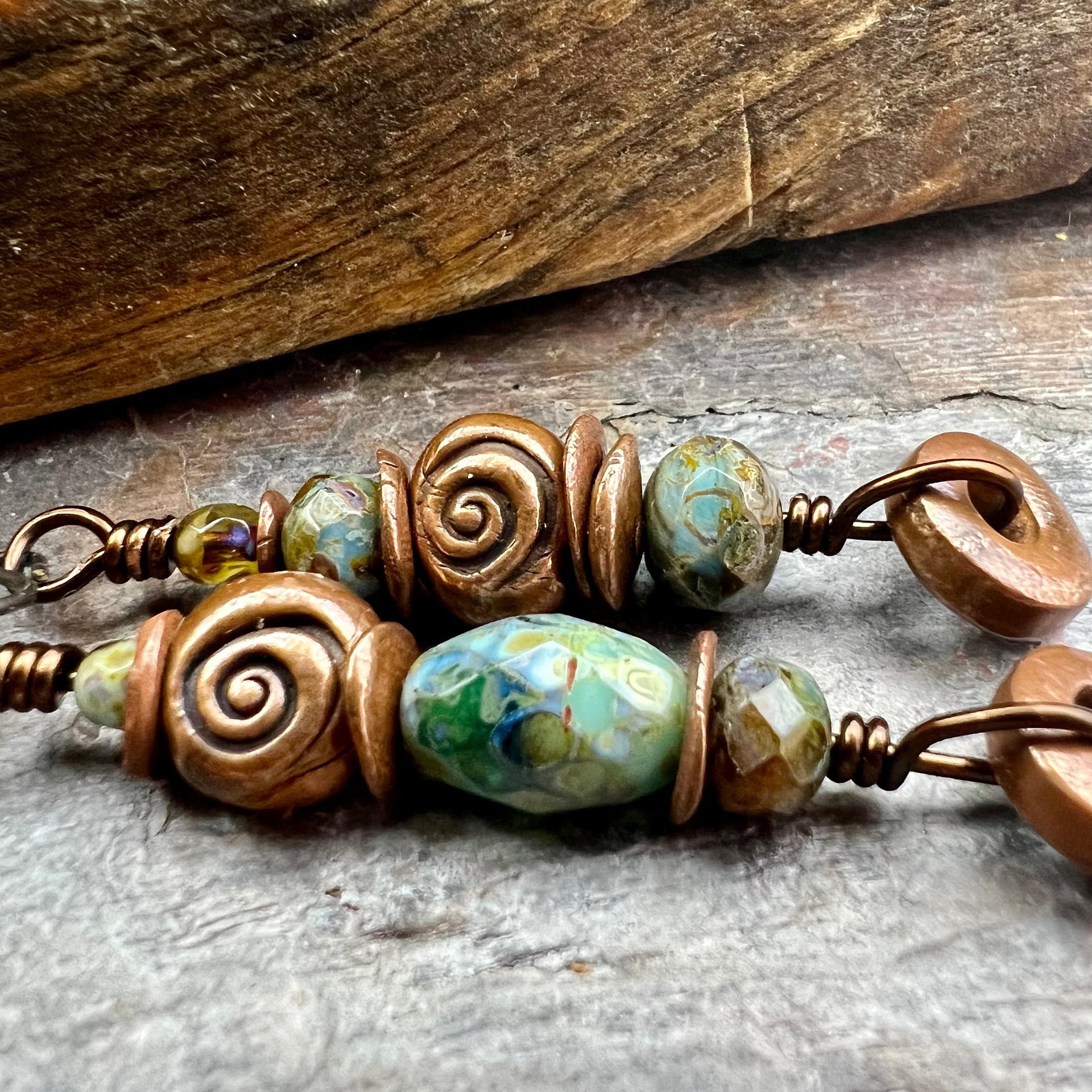 Stacked Cairn Earrings, Copper Hoops, Czech Glass Beads, Hypoallergenic Ear Wires, Earthy Primitive, Arty Mismatched Earrings, Copper & Aqua