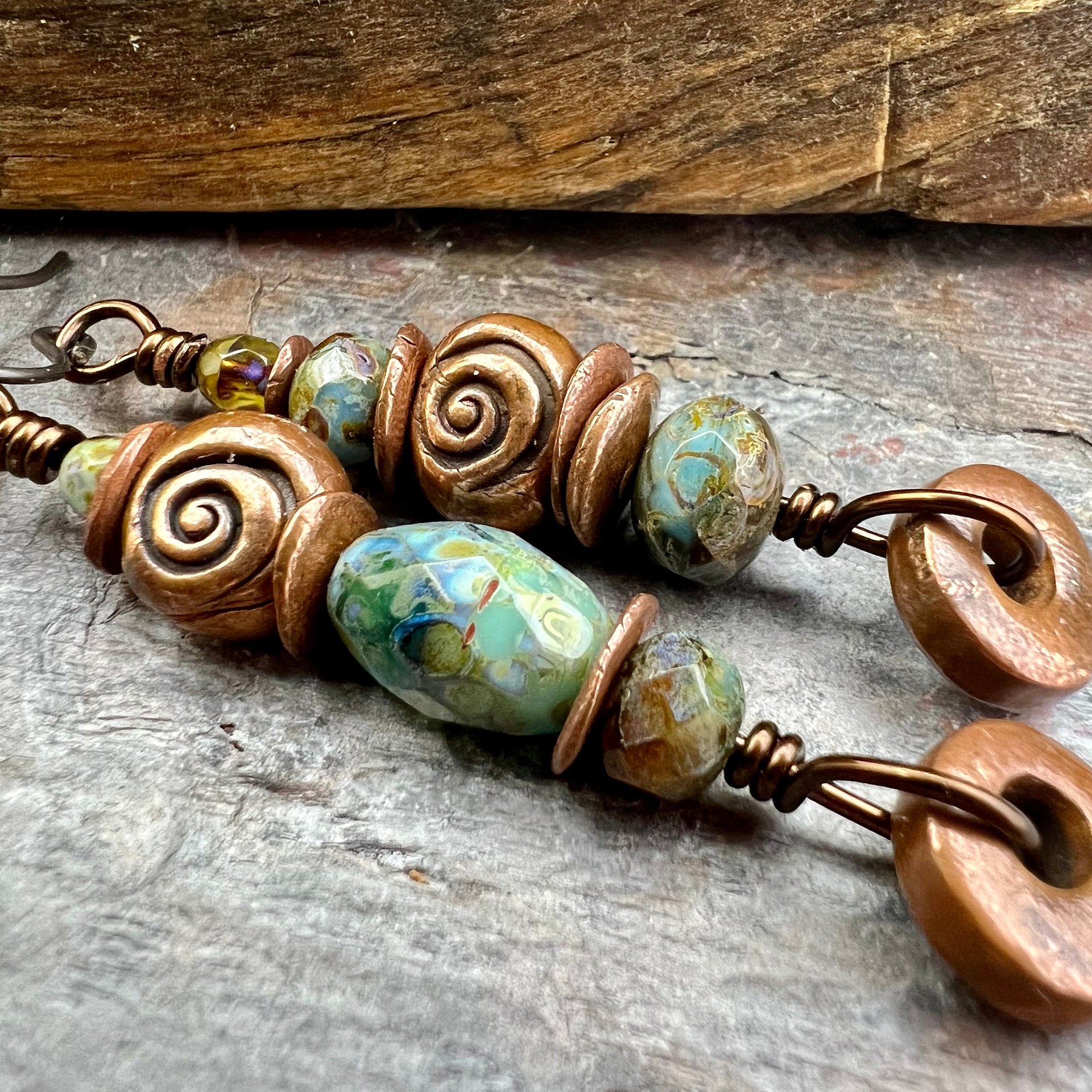 Stacked Cairn Earrings, Copper Hoops, Czech Glass Beads, Hypoallergenic Ear Wires, Earthy Primitive, Arty Mismatched Earrings, Copper & Aqua