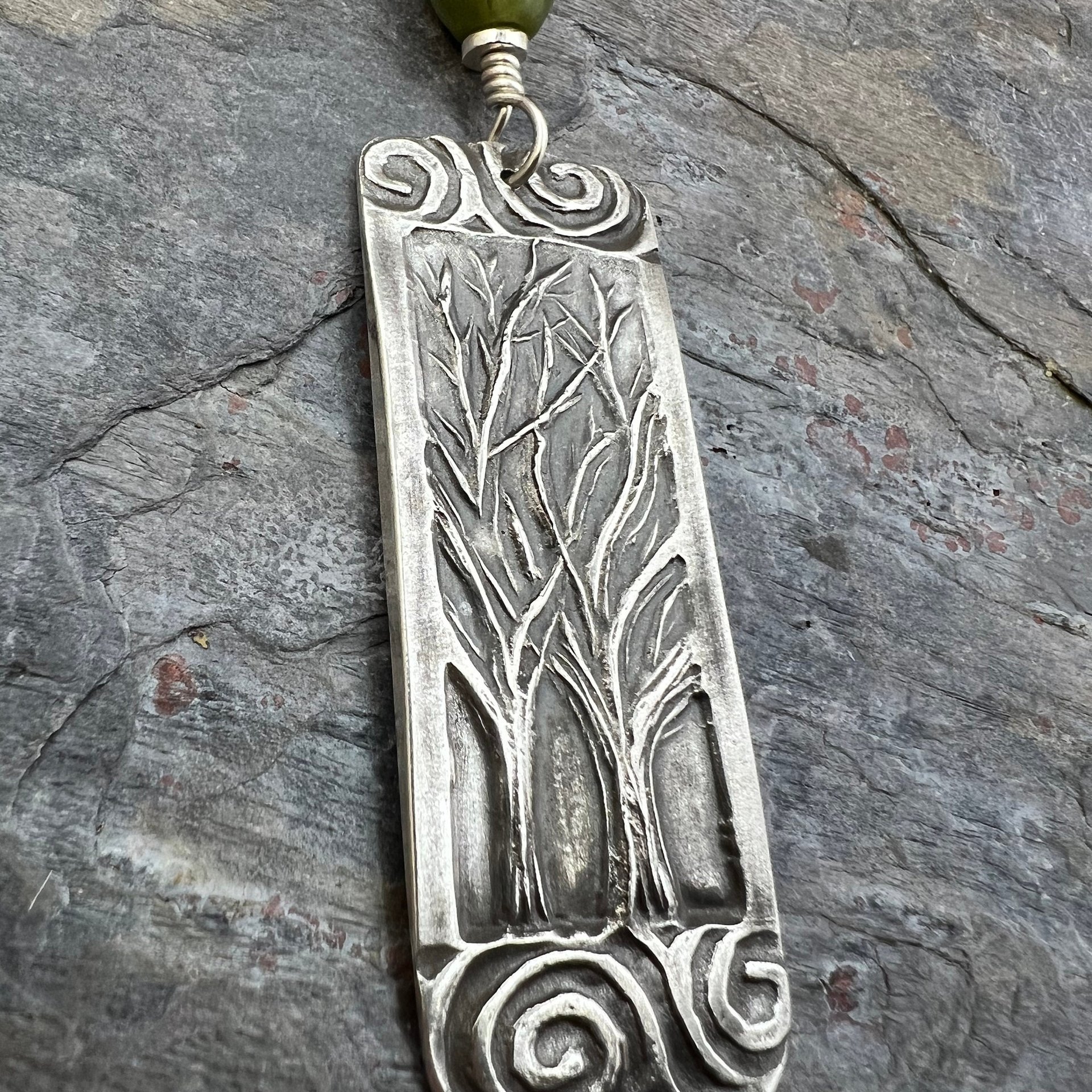 Two Trees Pendant, Sterling Silver, Connemara Marble, Long Skinny Tree Necklace, Intertwined Trees, Irish Celtic Spirals, Tree Branches